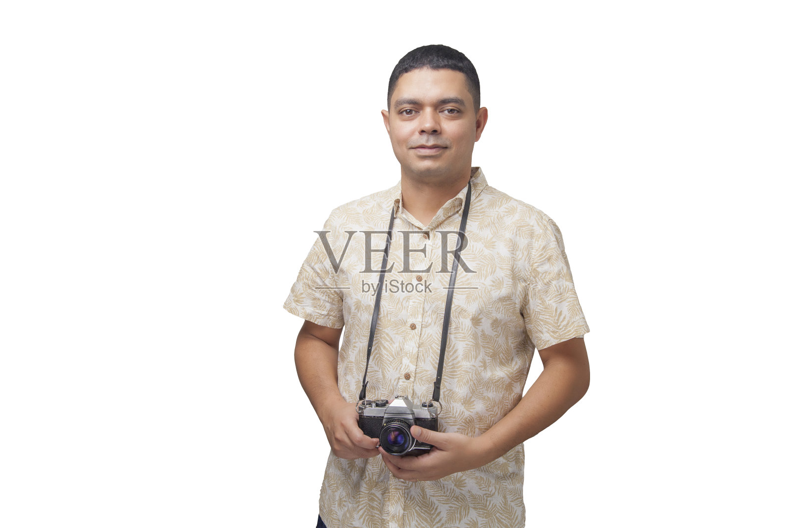 摄影师的肖像与老式相机在中性背景。照片摄影图片