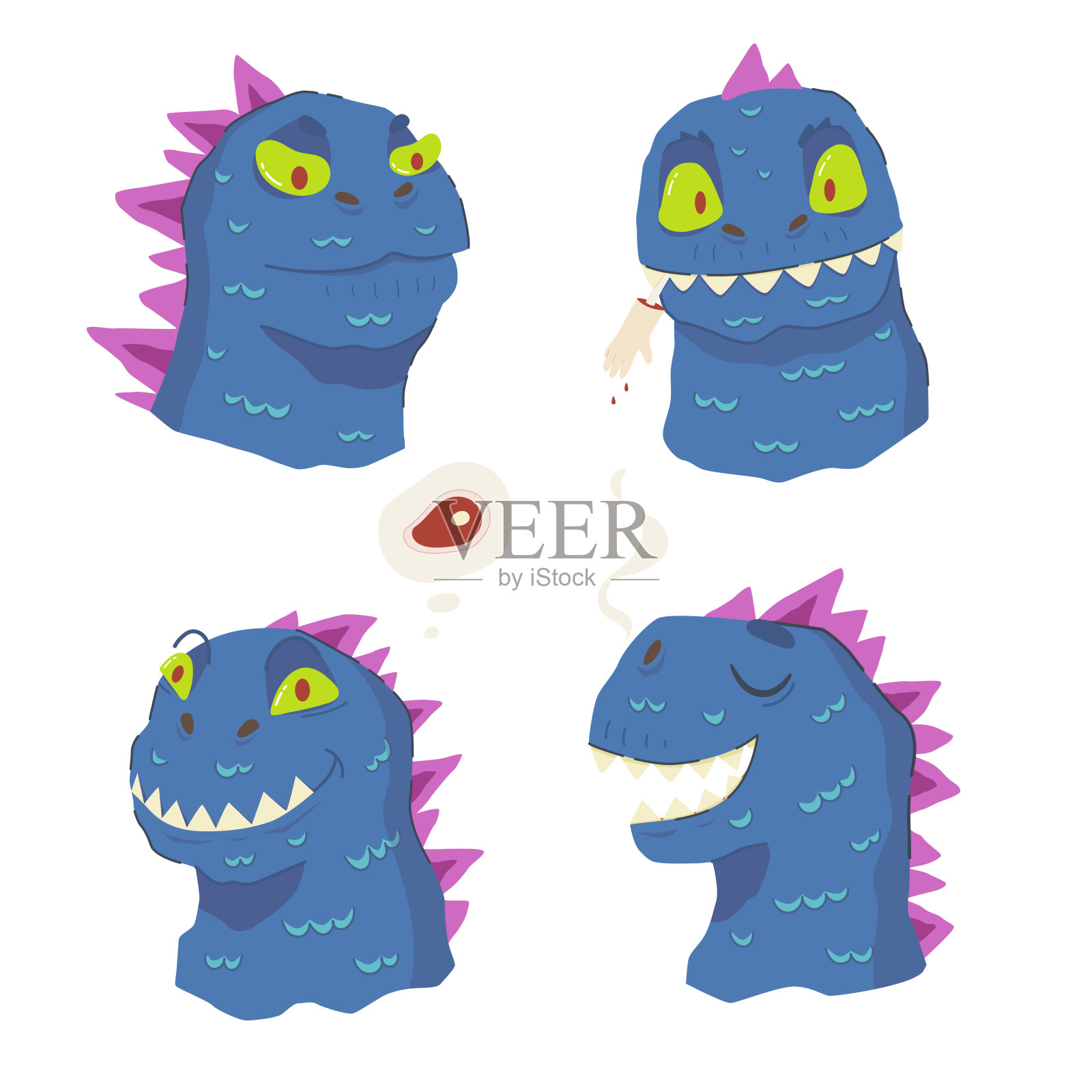 一套不同的恐龙卡通肖像插画图片素材