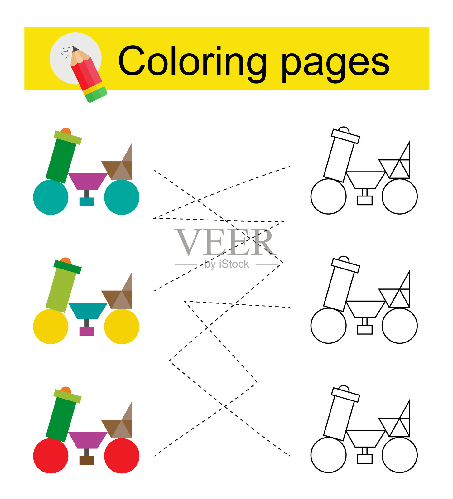 穿过迷宫，根据图案给卡通摩托车上色。插画图片素材