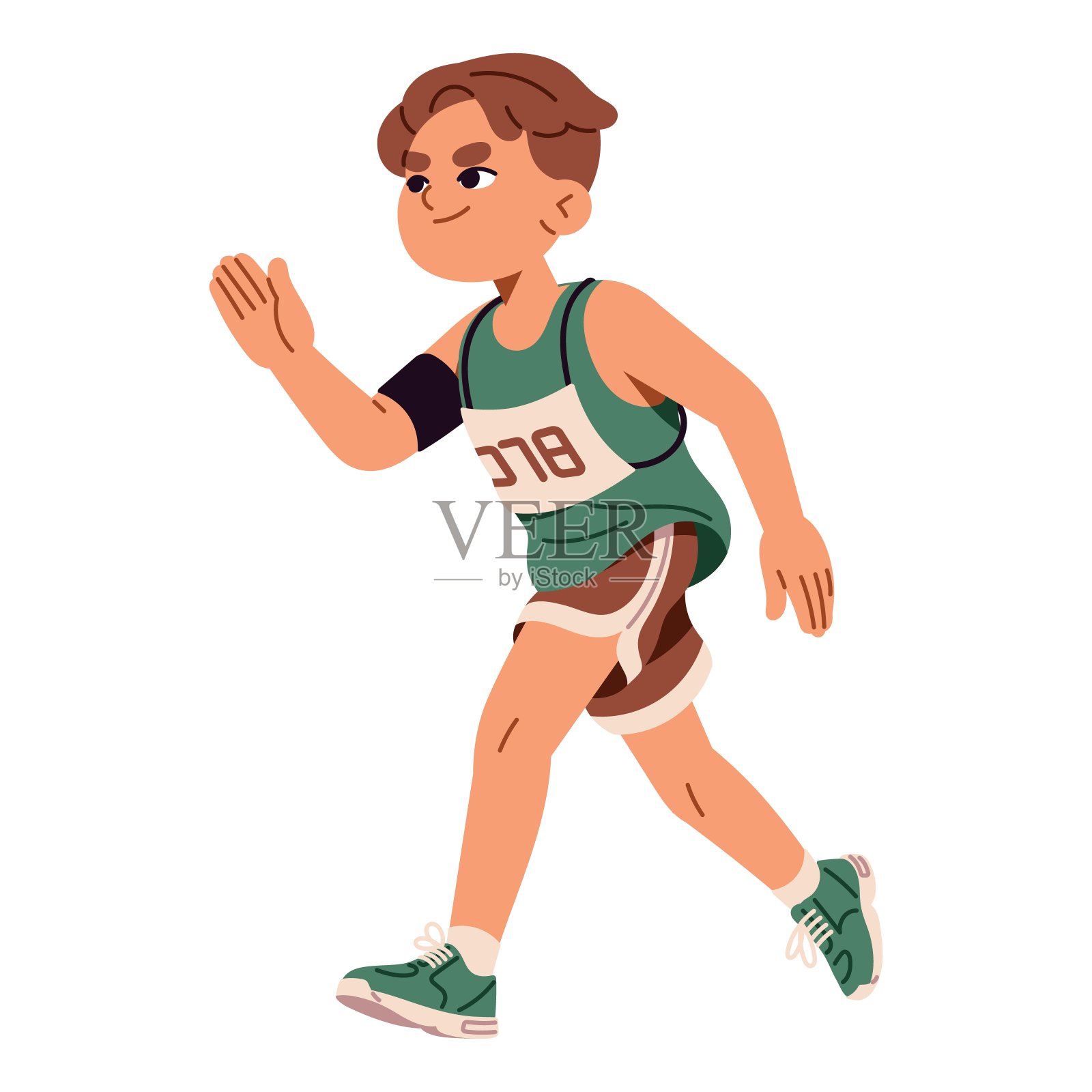 穿着运动服的可爱小男孩在短跑上跑得很快。快乐孩子在马拉松上慢跑。跑步的孩子，慢跑的人冲向终点。运动训练。平面隔离矢量插图上的白色背景插画图片素材