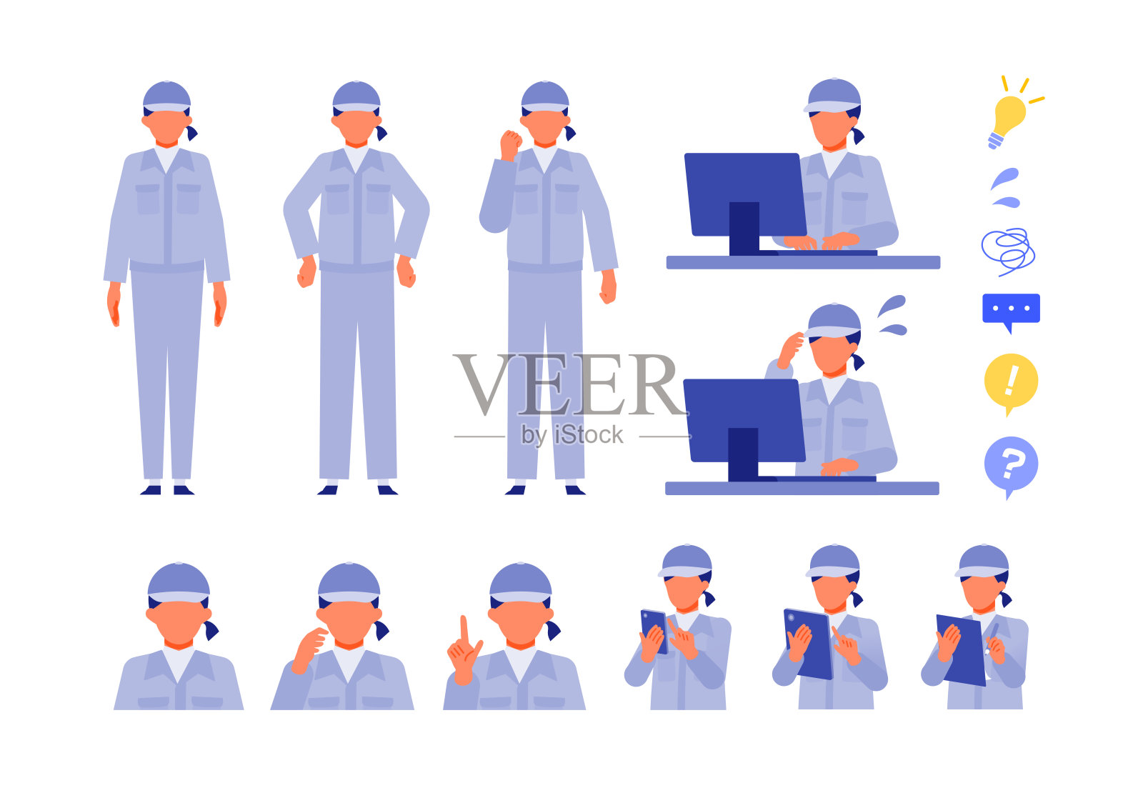 工作的女人。解决问题的概念。女性卡通人物头部集合集。人们面对头像和图标。解决问题的女人的特写图像。插画图片素材