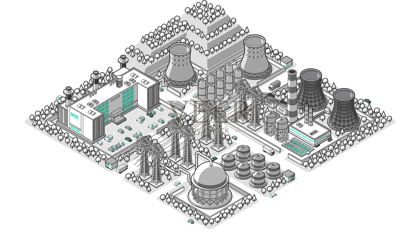 三维电厂矢量图的鸟瞰图插画图片素材