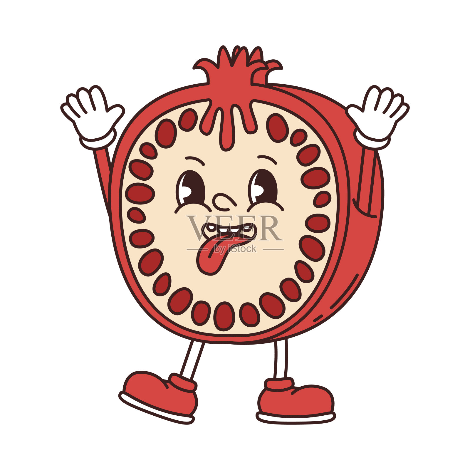 复古时髦有趣的水果。顽皮的拟人化人物红色石榴石在白色的背景插画图片素材