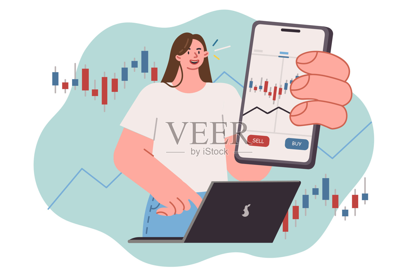 妇女与手机上的移动交易应用程序显示显示与股票交易所报价插画图片素材