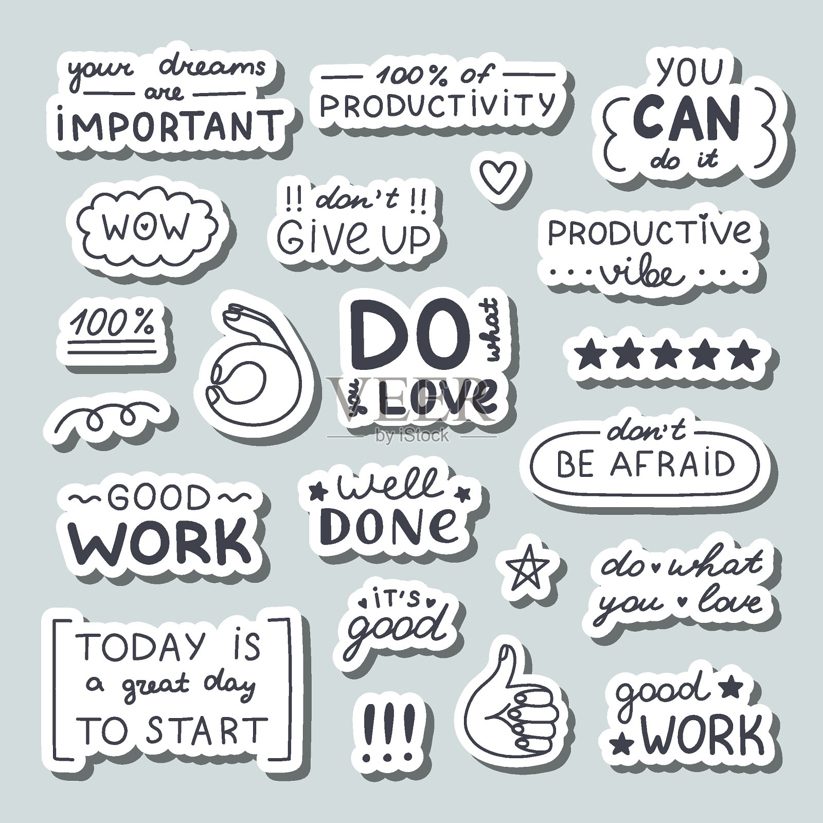 大的涂鸦贴纸，上面有手写的字母，有激励人心的短语，用于计划者，笔记本。准备打印可爱的贴纸列表。鼓舞人心的排版好工作，结果。插画图片素材