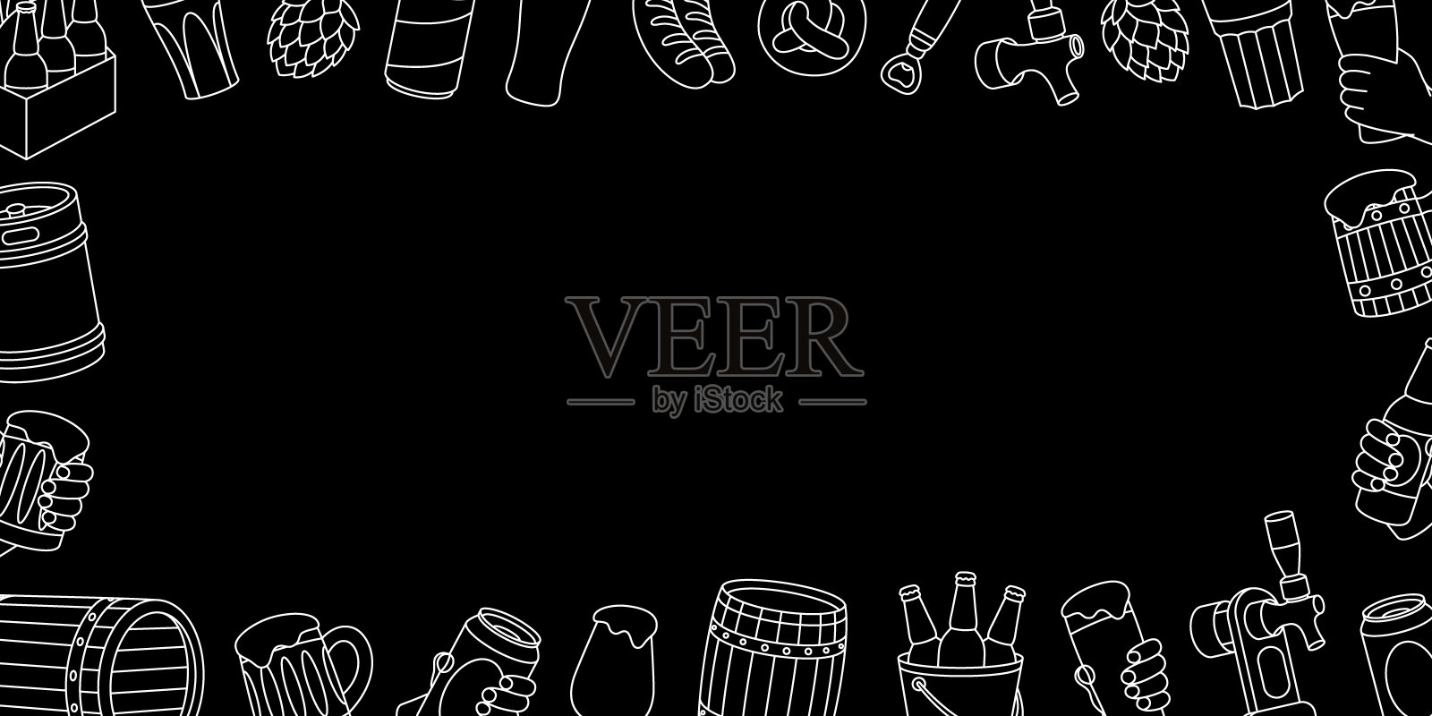 啤酒横横幅。木桶，罐头，马克杯，金属桶，开瓶器，香肠，水龙头，啤酒花锥。酿造工艺，啤酒厂工厂生产。插画图片素材