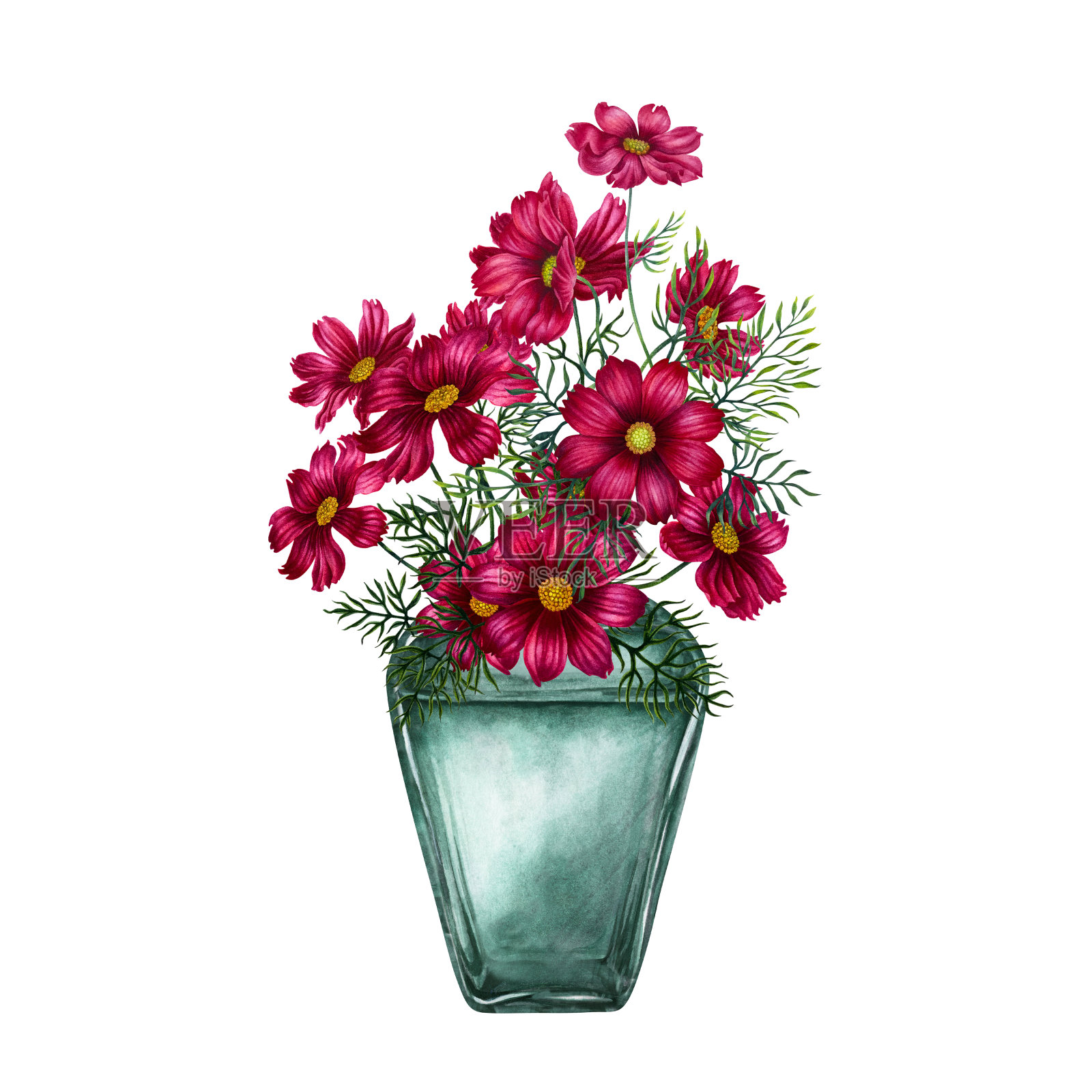 绿色复古玻璃瓶，红色花朵。水彩插图模板设计花瓶，利口酒，苦杏酒，香水，油，液体，芳香疗法，饮料，美容，酒精，水疗，魔术插画图片素材