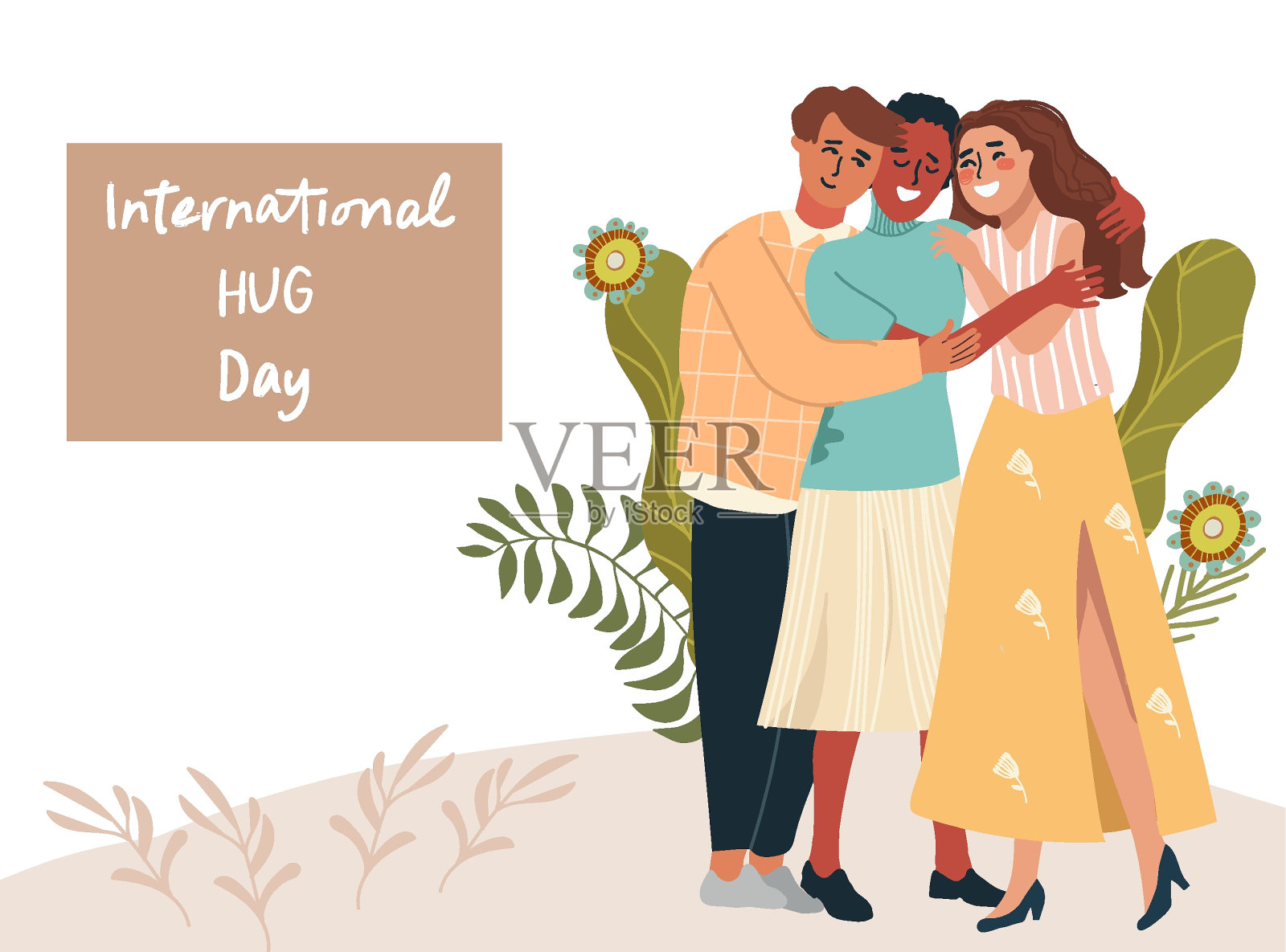 拥抱天水平网站横幅与微笑拥抱朋友平面矢量插图插画图片素材