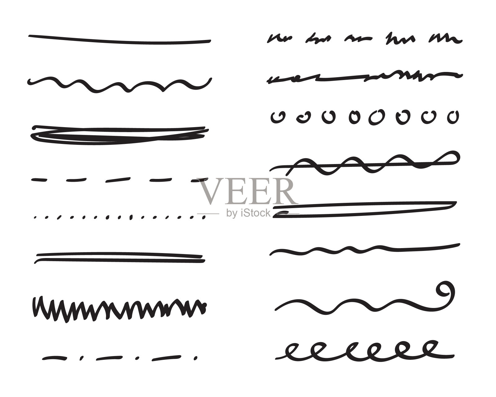 下划线手绘集。手写分隔符，分隔符，边框，涂鸦风格的各种艺术强调元素的文本装饰集合。孤立。矢量图插画图片素材