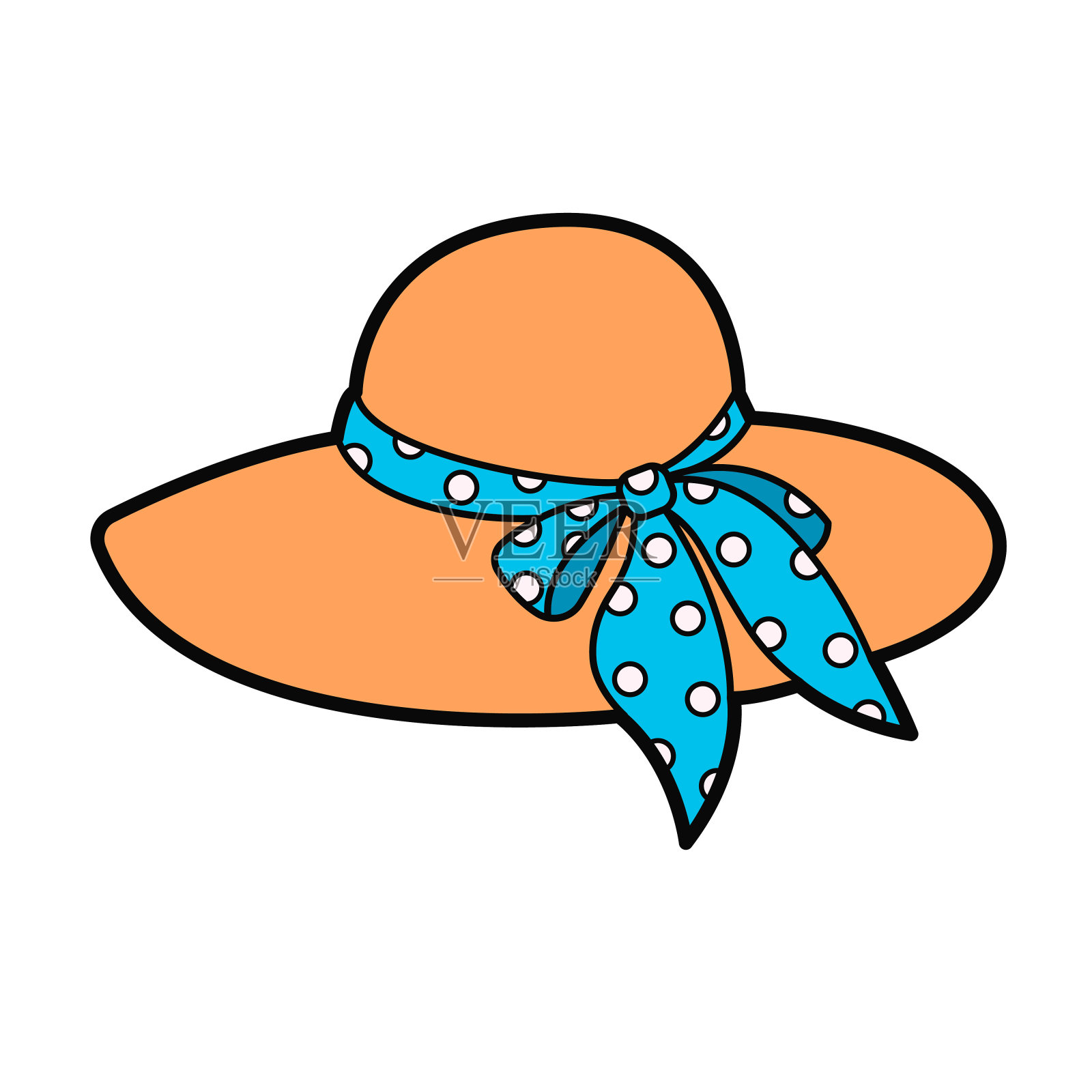 带蓝色蝴蝶结的女宽边帽。矢量插图隔离在白色背景上。插画图片素材