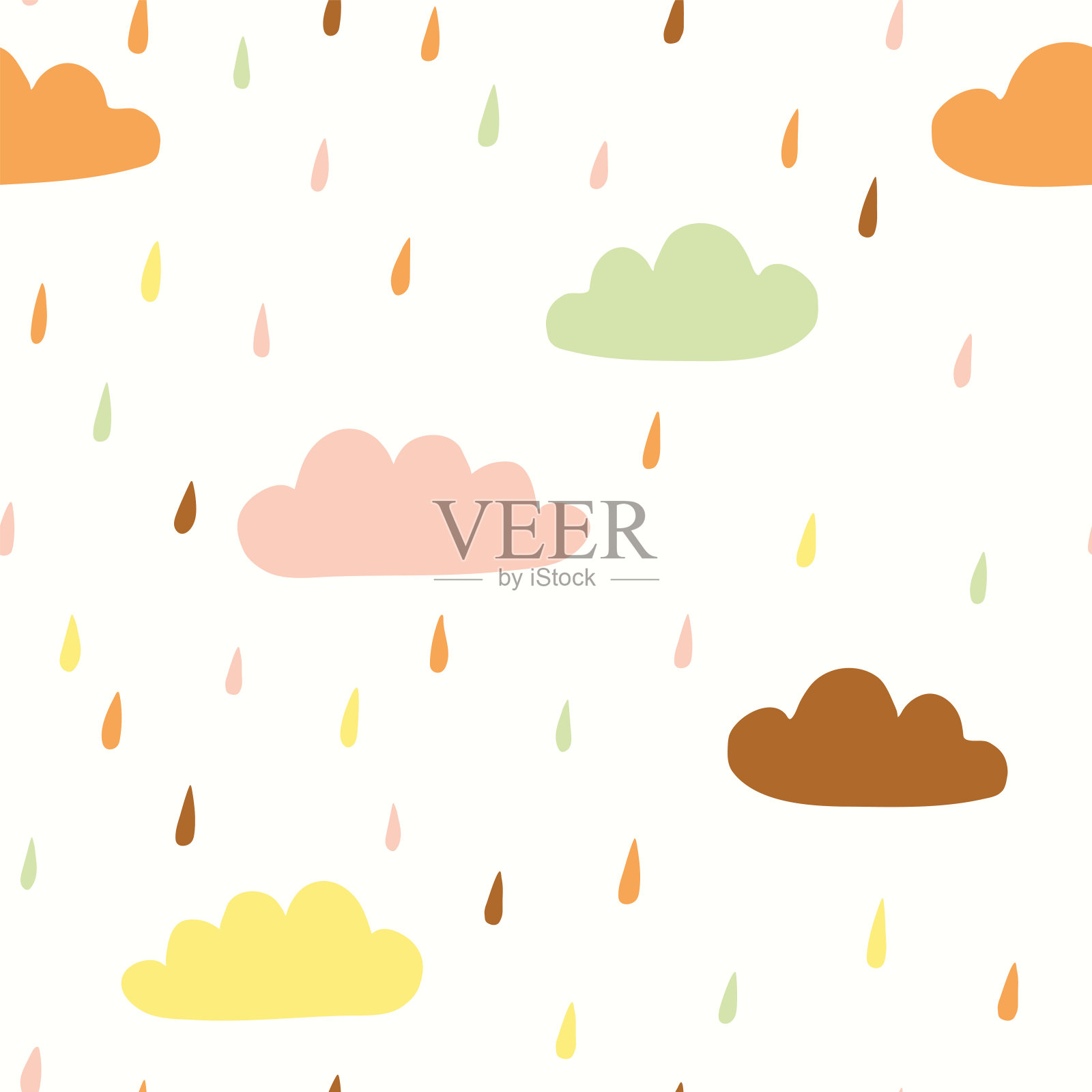 可爱的手绘无缝图案。现代斯堪的纳维亚矢量背景。简单的织物设计为儿童服装与云和雨滴插画图片素材