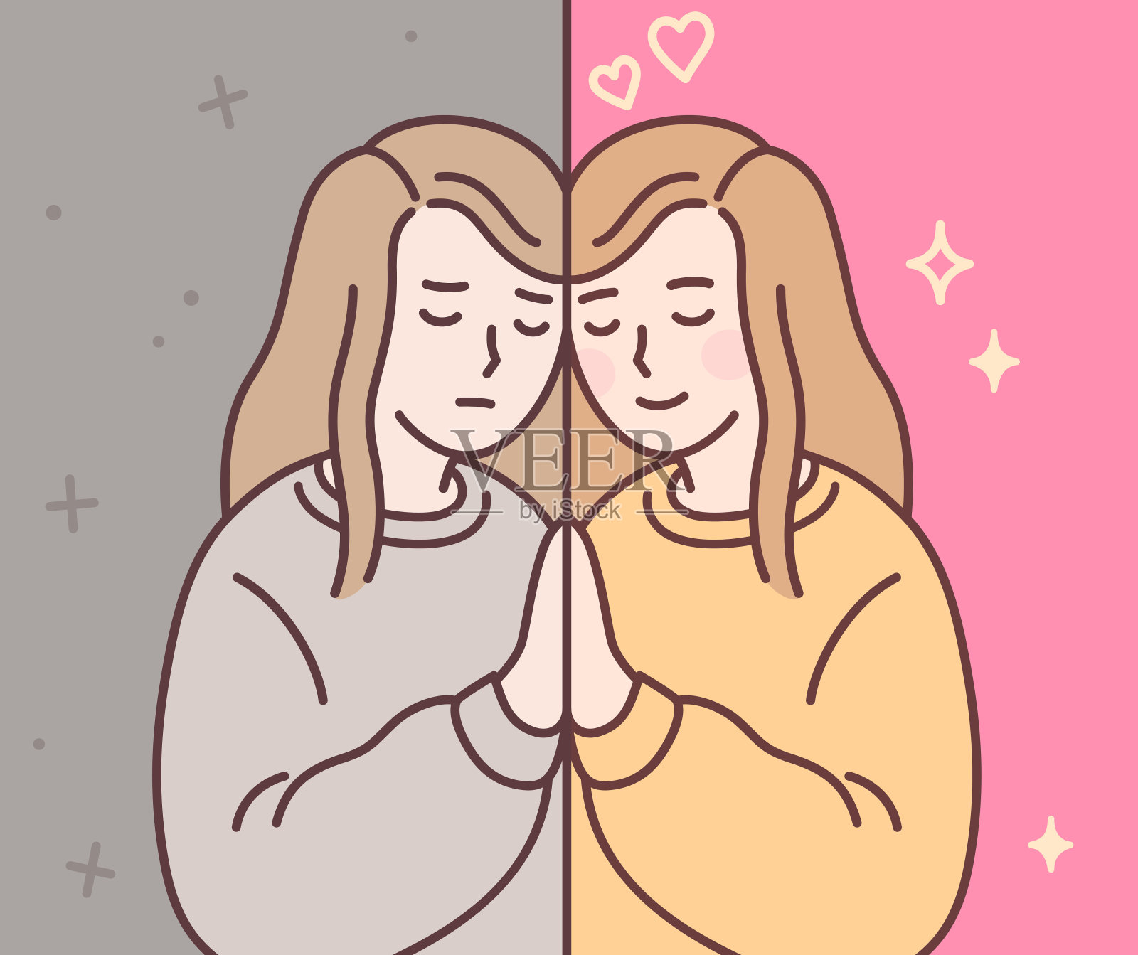 快乐和悲伤的女孩镜像画插画图片素材