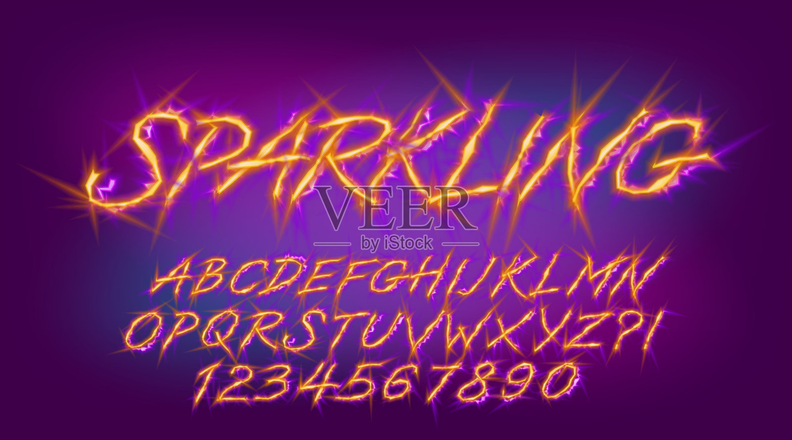 闪闪发光的字母字体。扭曲的霓虹色字母和数字。插画图片素材