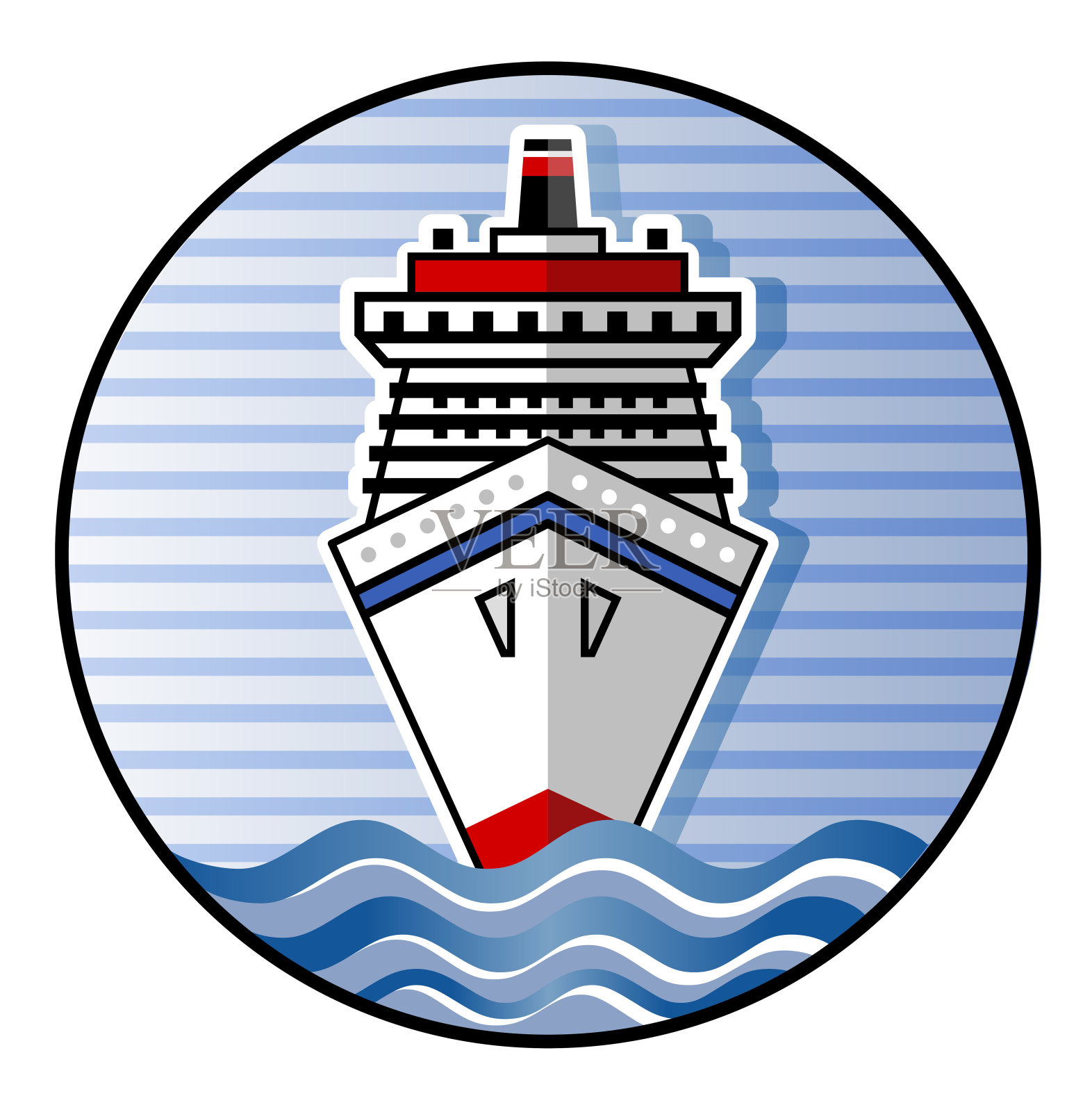 邮轮标志平面设计，圆形与天空和海浪插画图片素材