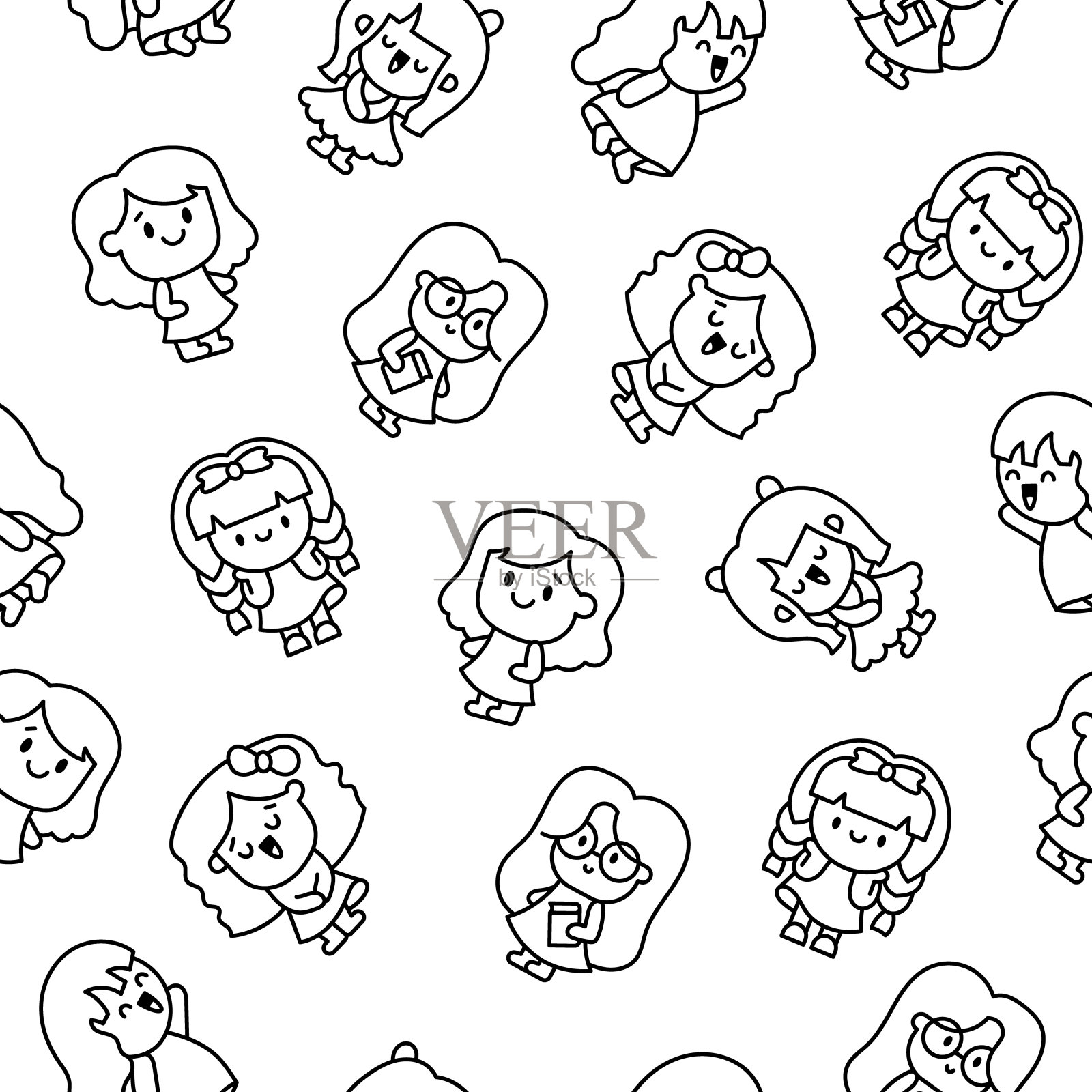 可爱可爱的小女孩。无缝模式。着色页面。快乐的孩子卡通人物。手绘风格。矢量图。设计的饰品。插画图片素材