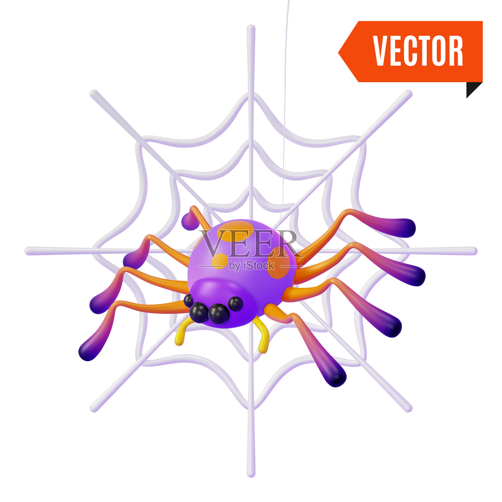 3d蜘蛛和蜘蛛网万圣节概念卡通设计风格。向量插画图片素材