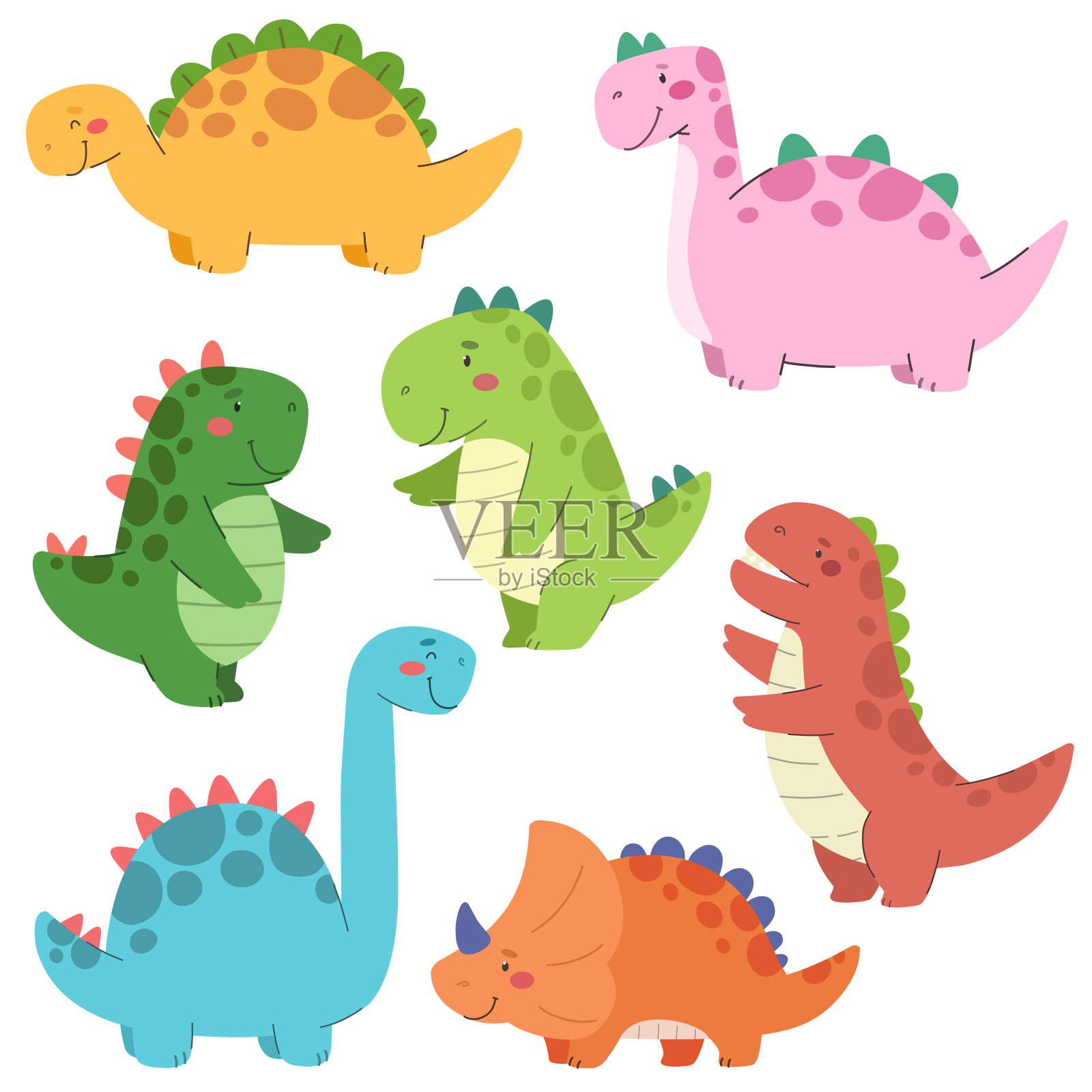 收集可爱的恐龙在平面卡通风格。插画图片素材