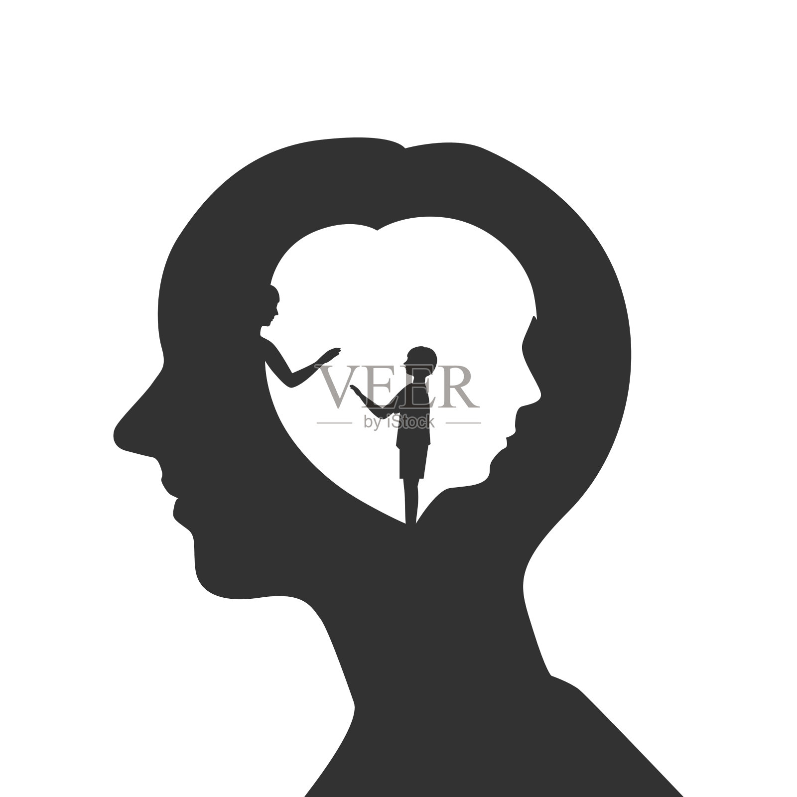 抽象大脑用一个男孩触摸一个男人的剪影的人的头，自我意识的概念。插画图片素材