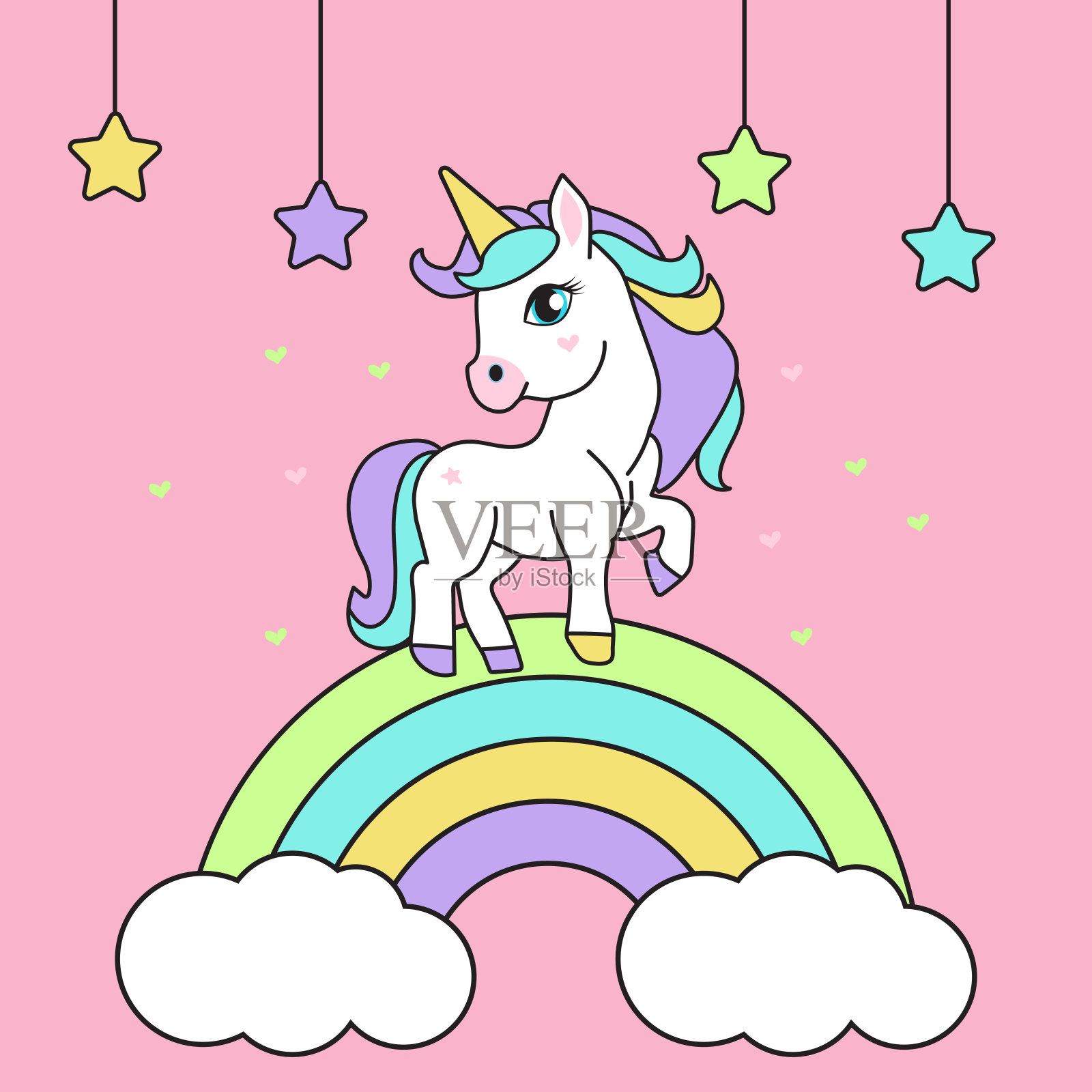 可爱的独角兽在彩虹上粉红色的背景.神话中有角的神奇小马