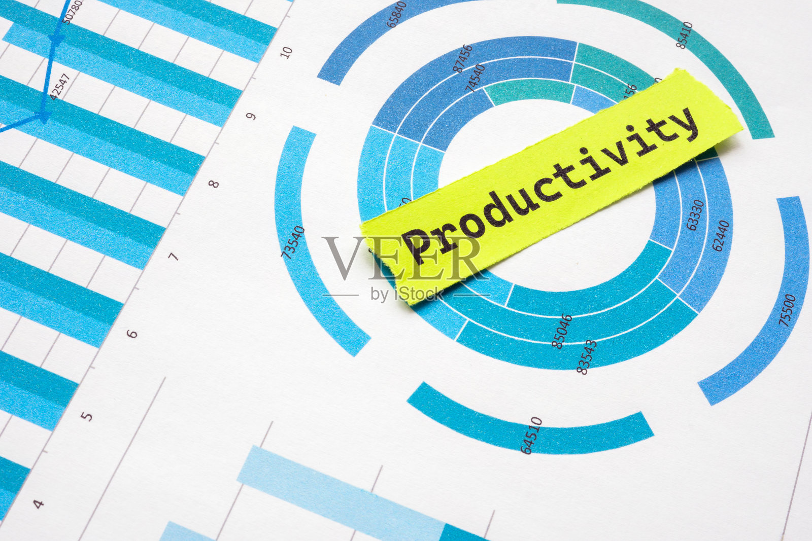 “生产力”这个词写在一张纸上，上面有图表和等级。照片摄影图片