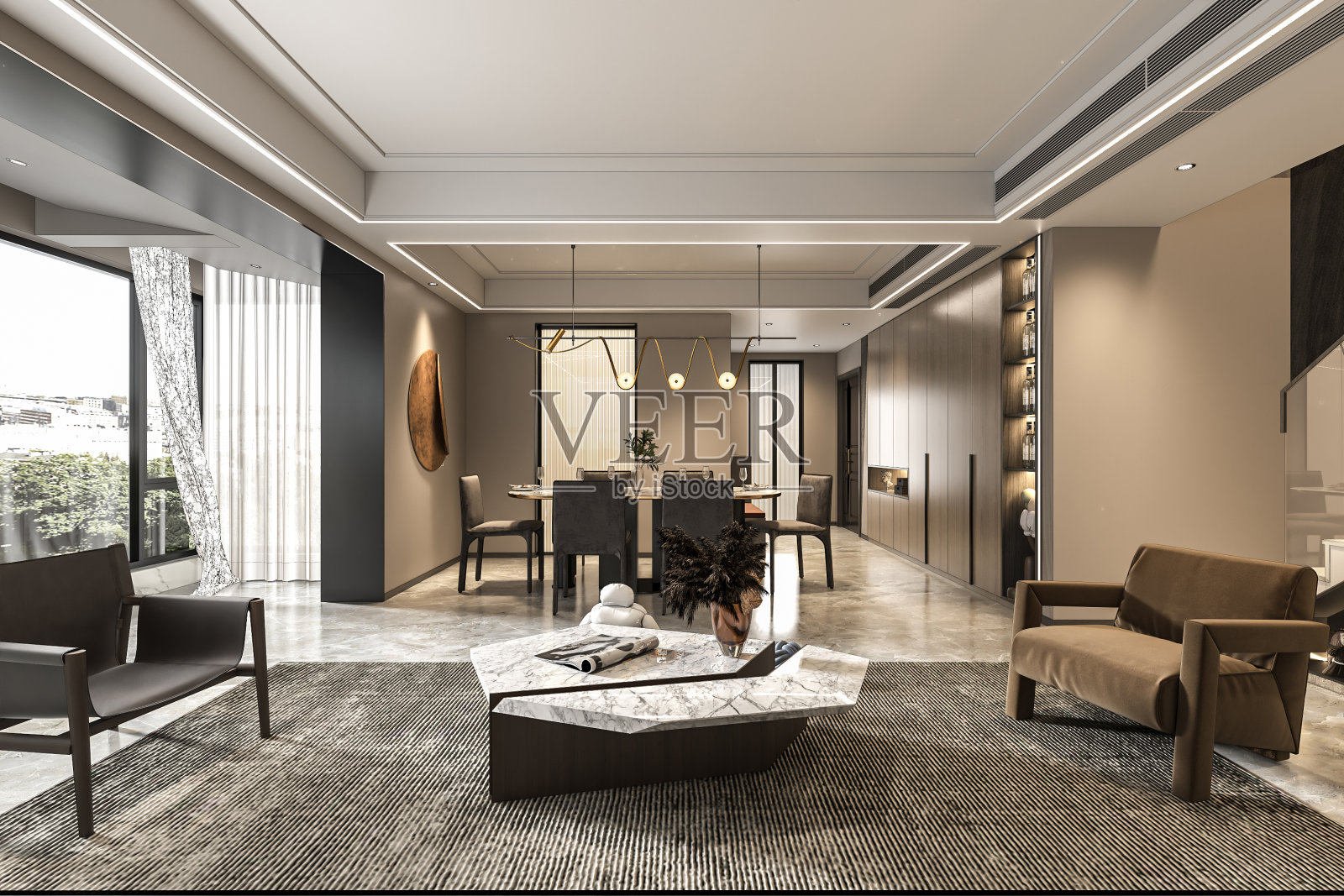 豪华的室内设计有客厅空间和空旷的家居空间，设计有照明、空调和墙面装饰照片摄影图片