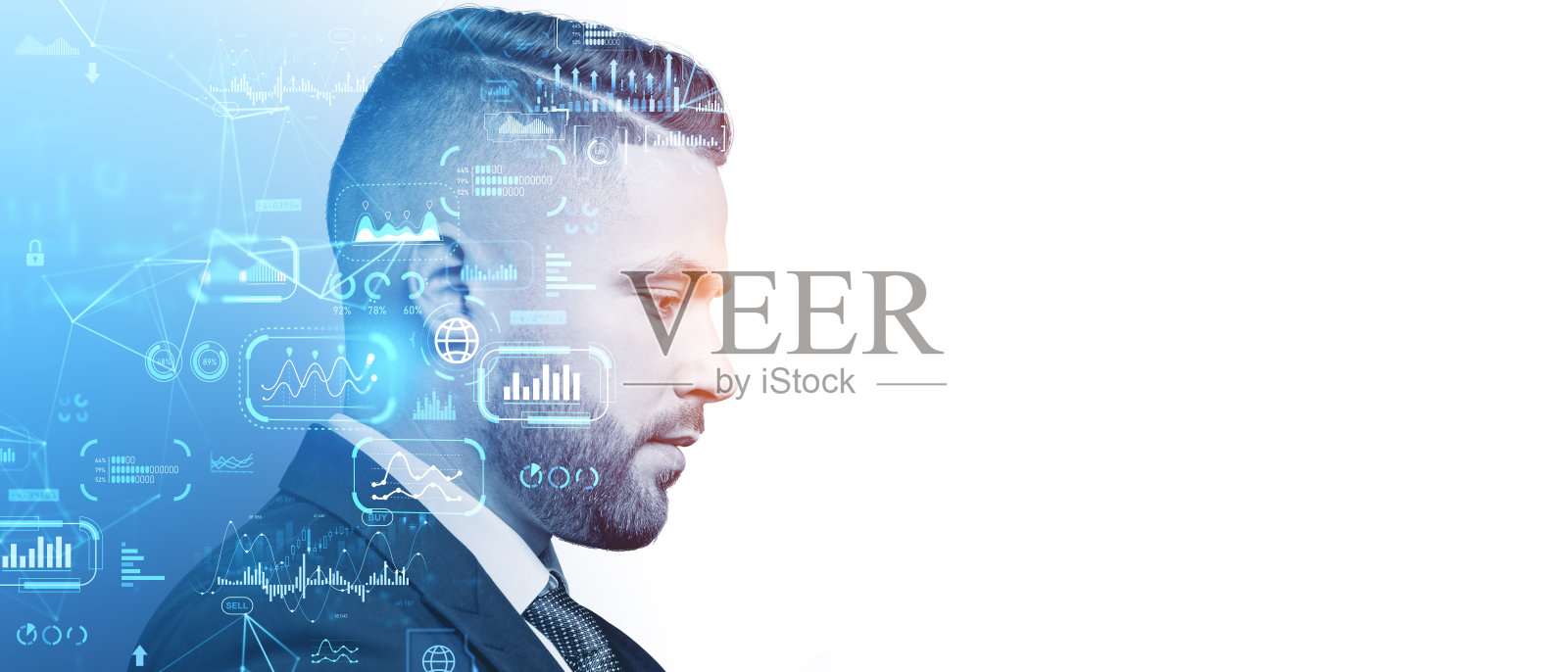 商人肖像剪影和外汇全息图有指示，复制空间大照片摄影图片