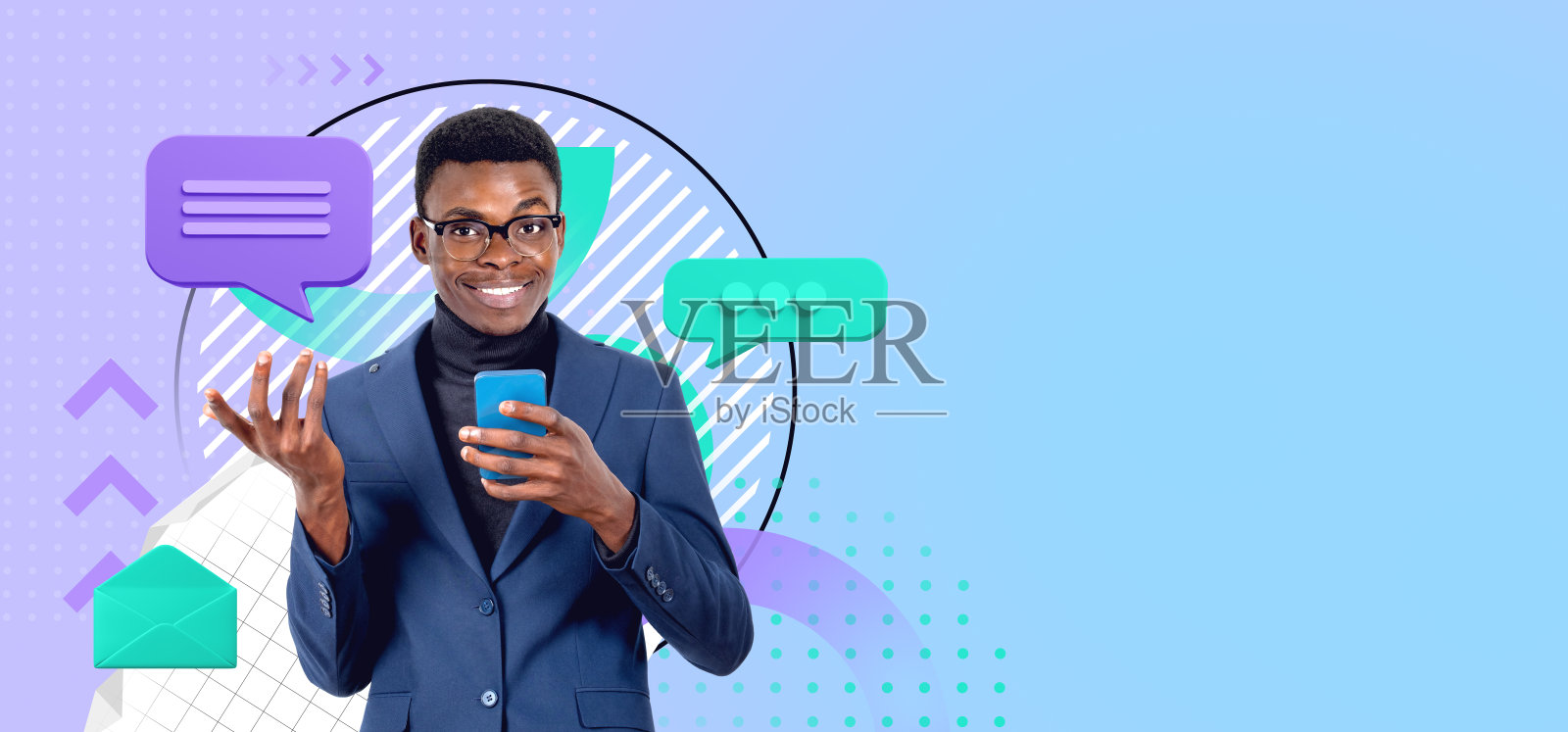 非洲商人使用智能手机、彩色语音气泡和复制空间照片摄影图片