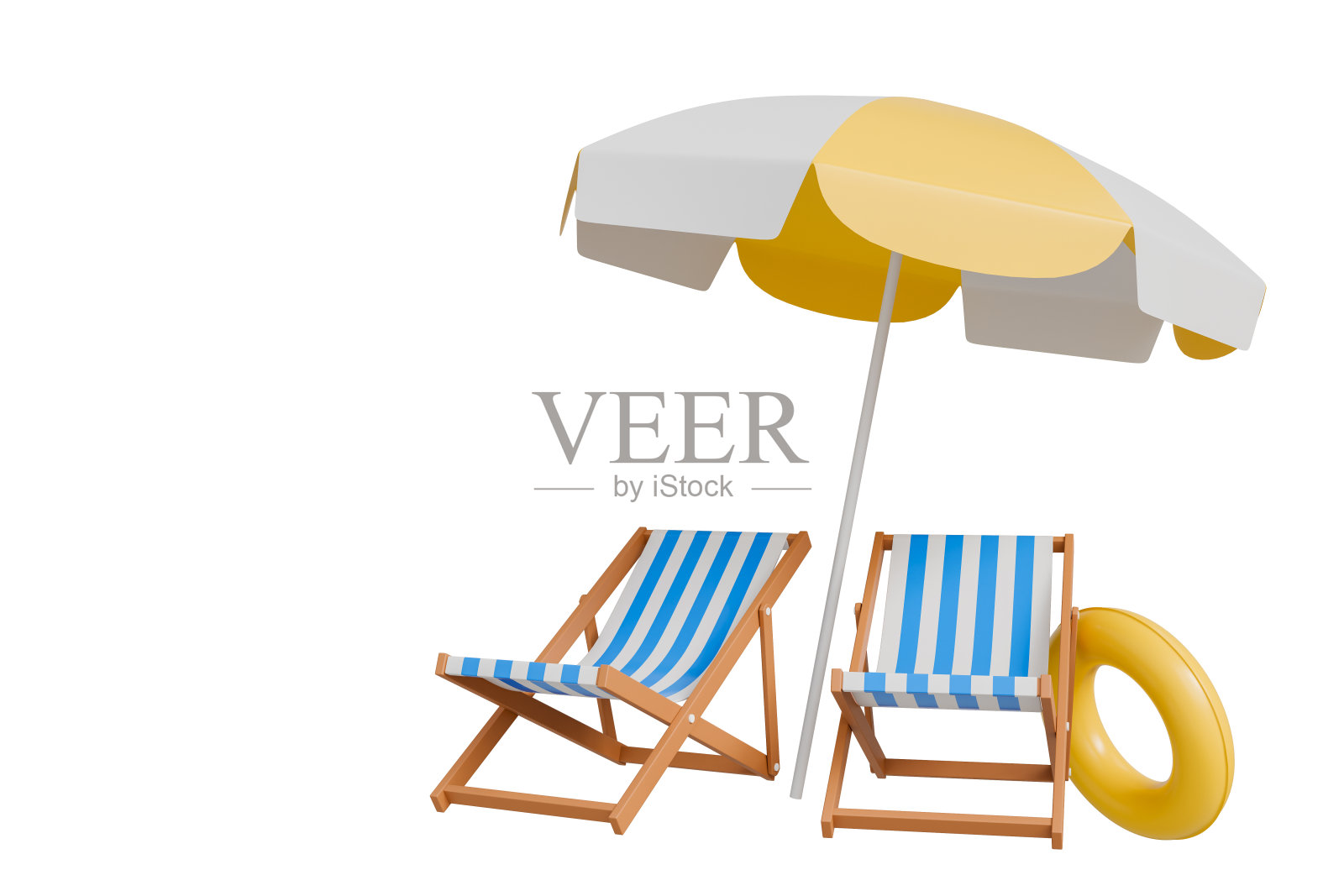 度假海滩景观与沙滩椅，大海，黄色雨伞与球的元素，3D插图照片摄影图片
