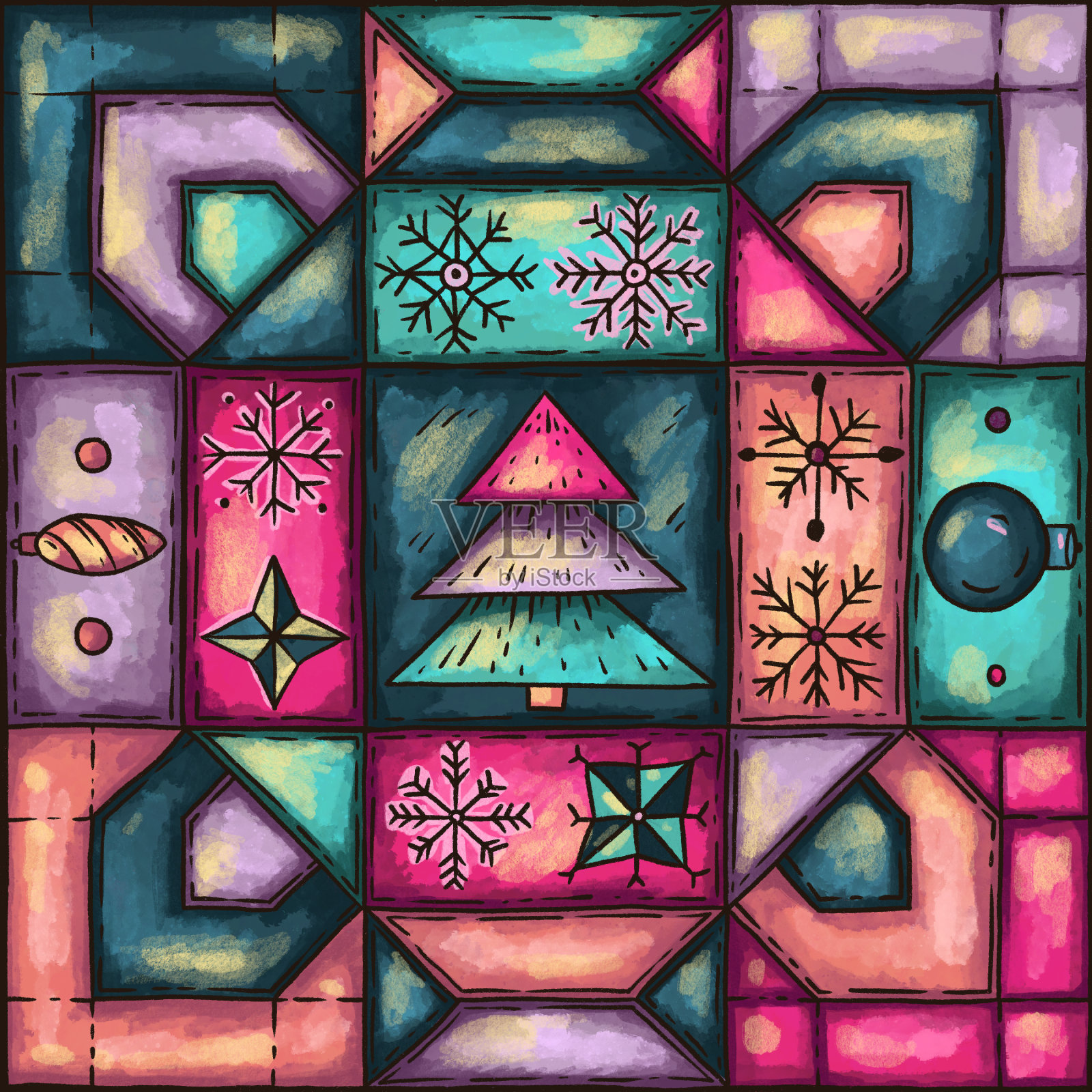 色彩缤纷的寒假拼接无缝图案插画图片素材