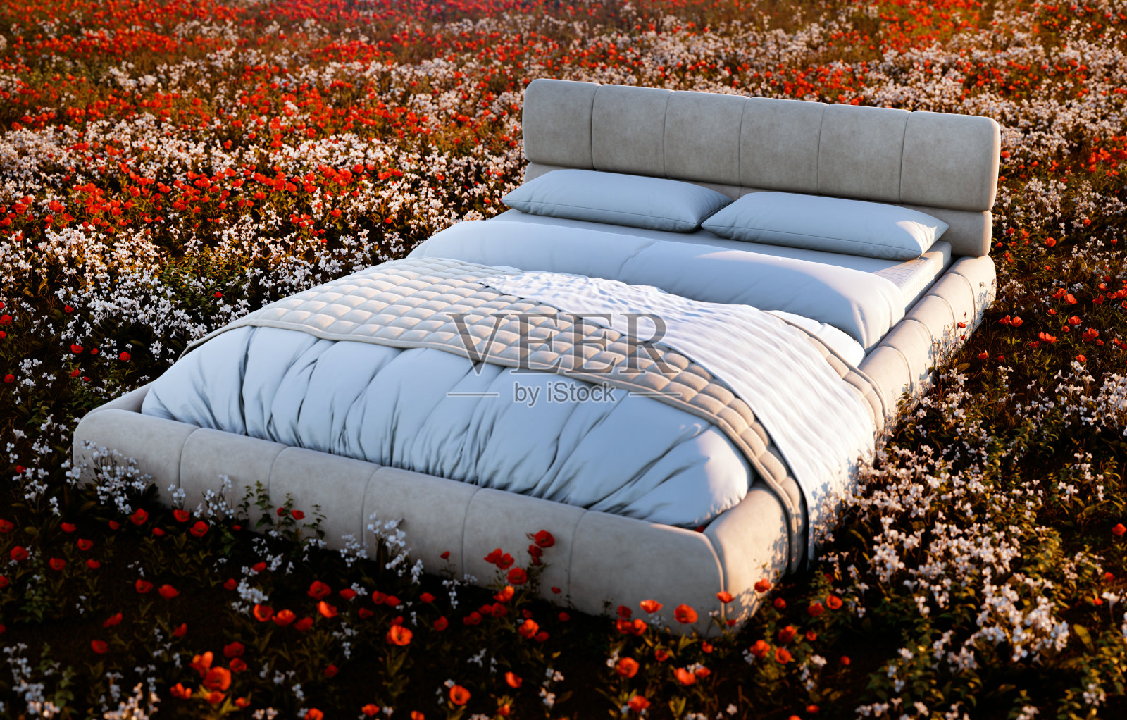 草地上的床，睡得好，3D插图照片摄影图片