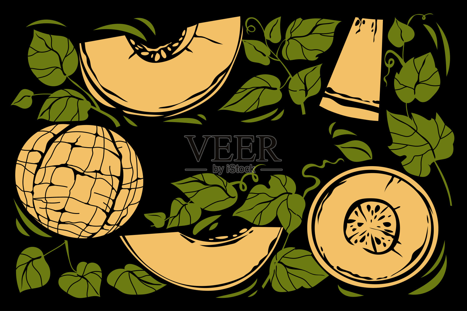 大量的蜜露水果与雕刻风格的背景或模板插画图片素材