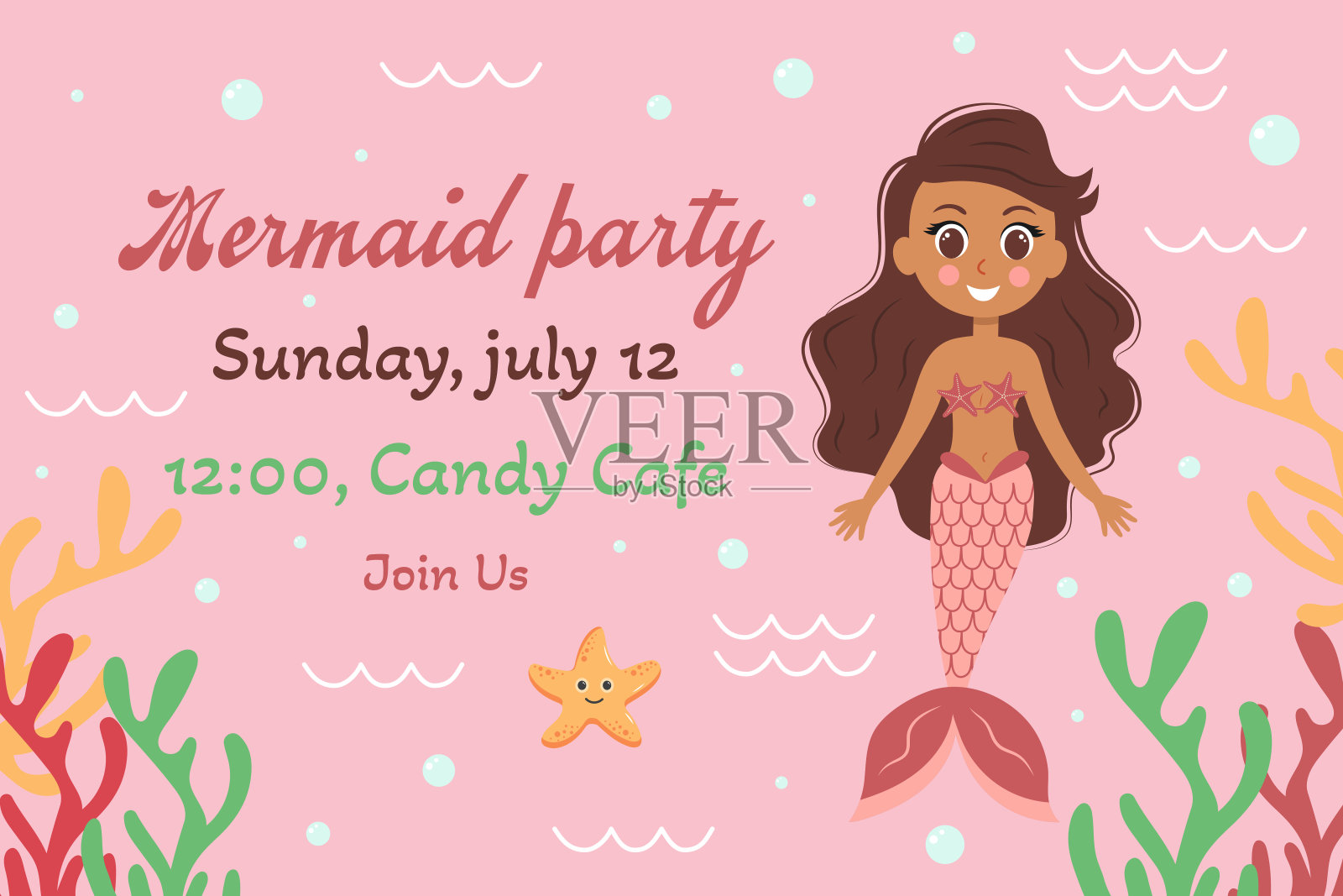 有美人鱼的生日请柬。美人鱼主题生日派对邀请矢量模板。插画图片素材