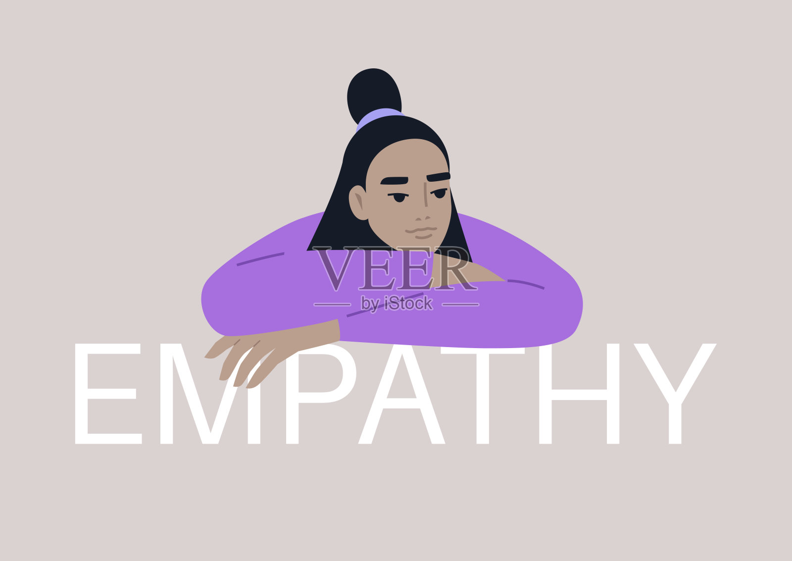 在一幅轻松的数字插图中，一个角色用手托着下巴，若有所思地望向别处，用“同理心”这个词支撑着他插画图片素材