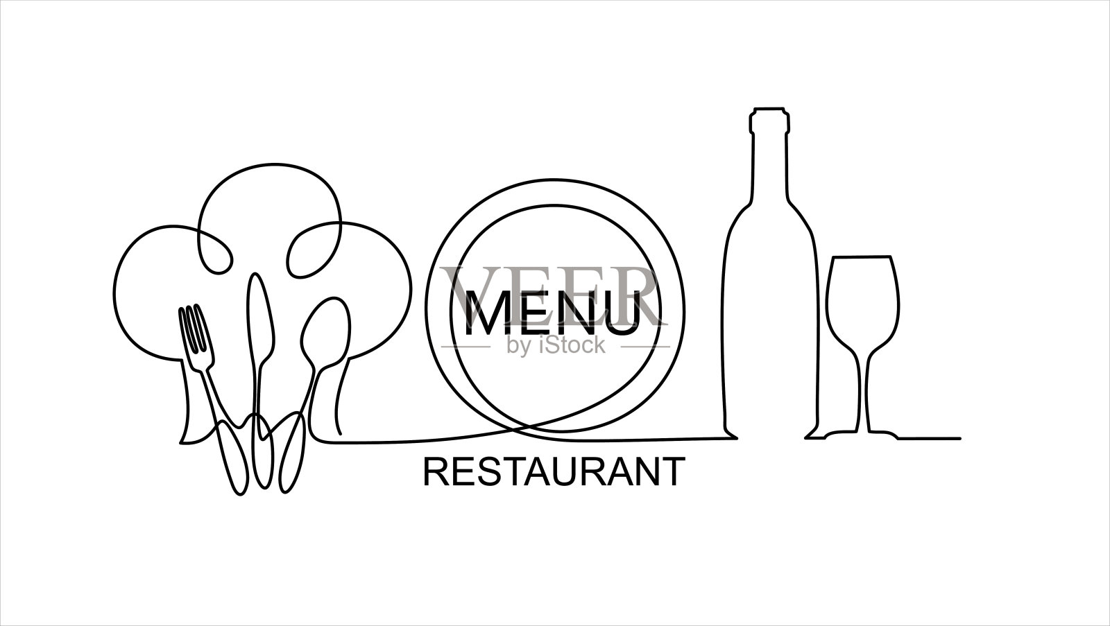 厨师帽子，盘子，叉子，刀，一瓶葡萄酒和餐厅矢量插图玻璃的单线图纸。优雅的咖啡厅徽章概念。可用于菜单餐厅素描。插画图片素材