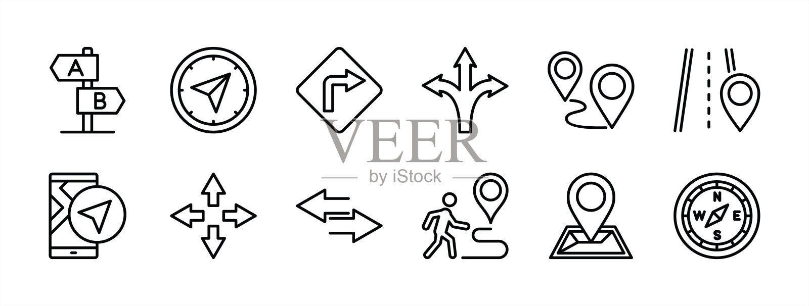 箭头方向细线图标集。包含三种方式，交通板，导航，指南针，GPS，路标，道路，地图针，向导，十字路口，指针，路口，跟踪，旅程，路口。矢量图插画图片素材