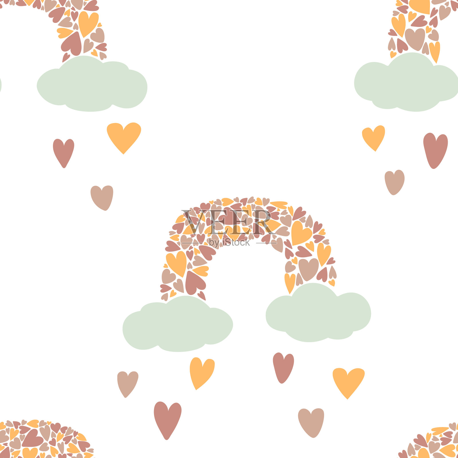 波西米亚柔和的心彩虹图案。宝贝，波西米亚托儿所背景。插画图片素材