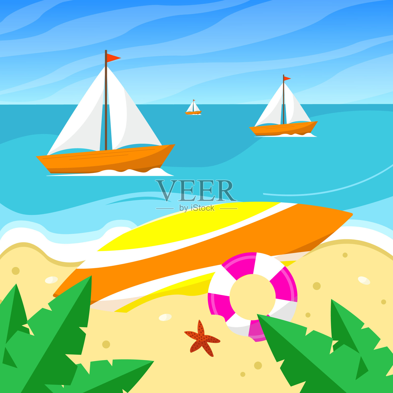 夏天的背景与海浪，帆船和沙滩。矢量插图。插画图片素材