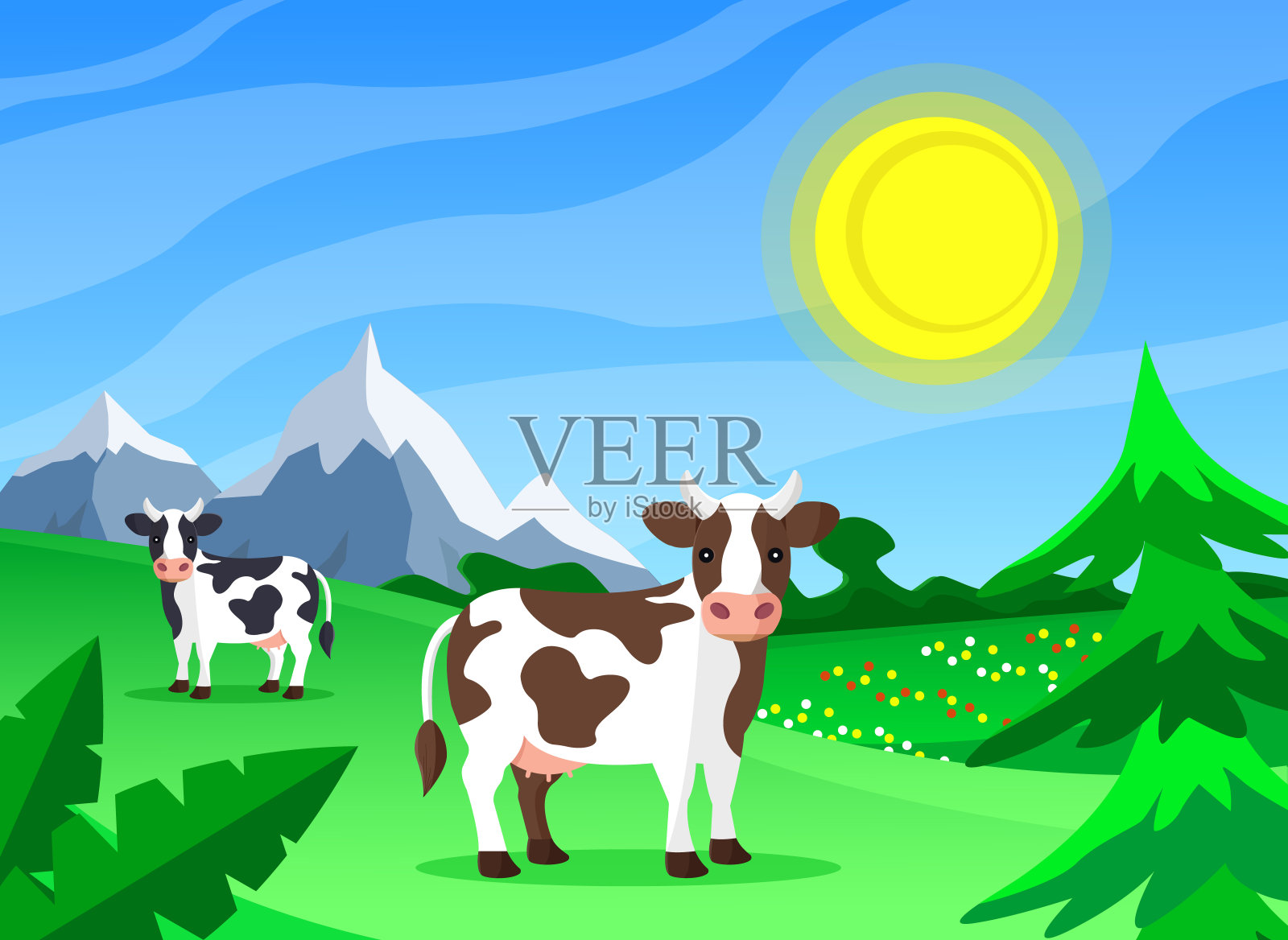 牛在草地上吃草。夏天的一天。卡通矢量插图。平的风格。插画图片素材