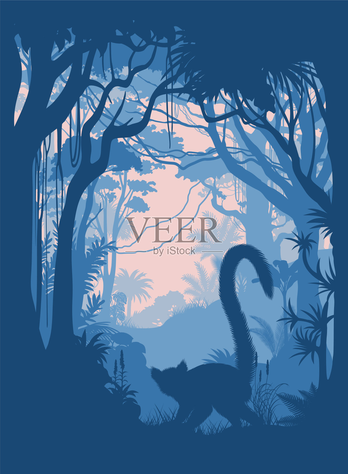 Vectoe雨林丛林插图与环尾狐猴插画图片素材
