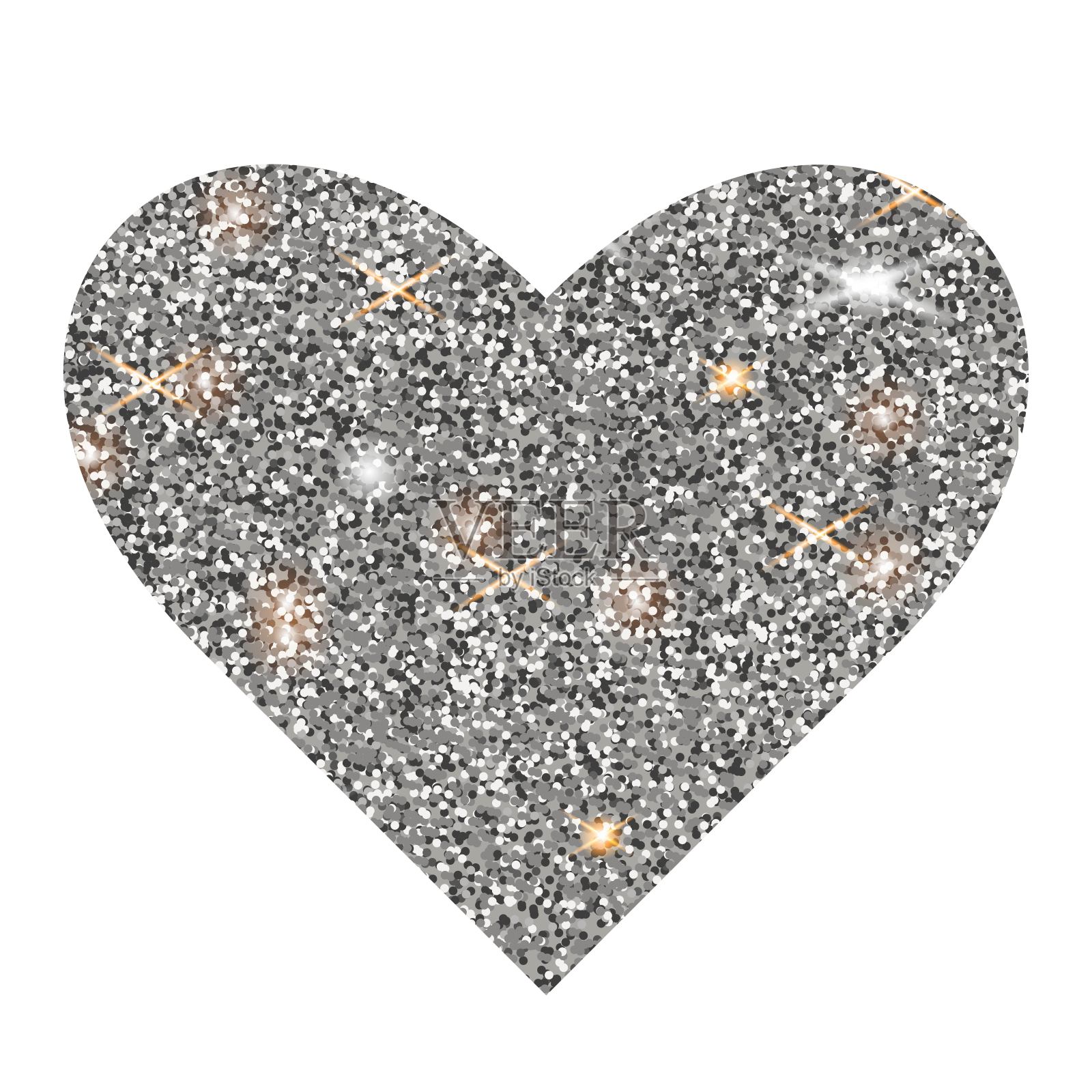 矢量银闪光心。银色闪亮的心在白色的背景上。插画图片素材