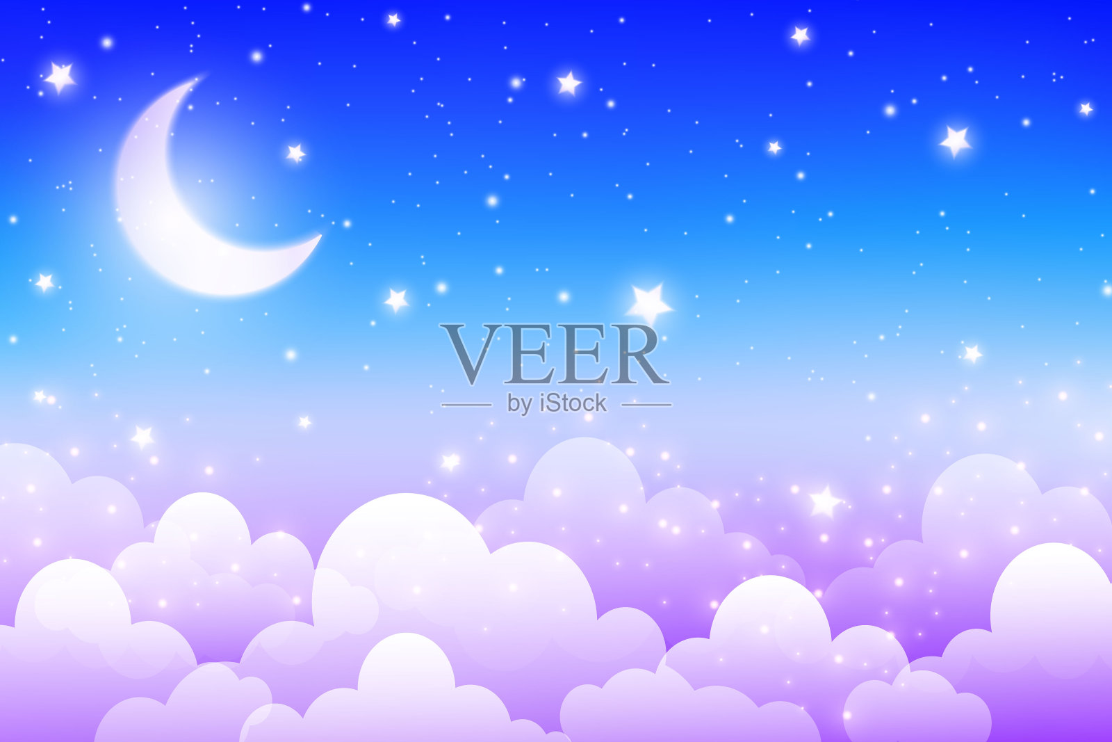 夜空背景。多云的蓝色矢量空间与月亮和星星。昏昏欲睡的卡通幻想午夜场景。可爱的月牙景观。插画图片素材