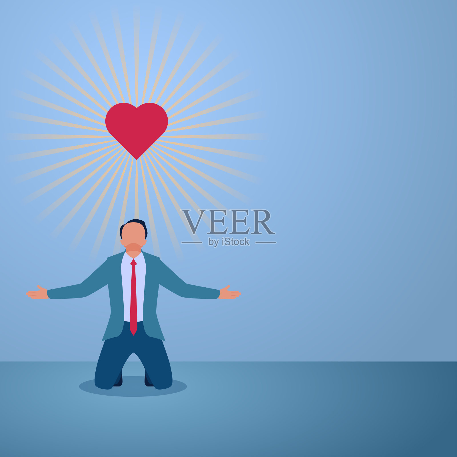 一个男人跪在地上，开心地把一颗心放在他的头顶上，这是一个寻找激情的例子。插画图片素材