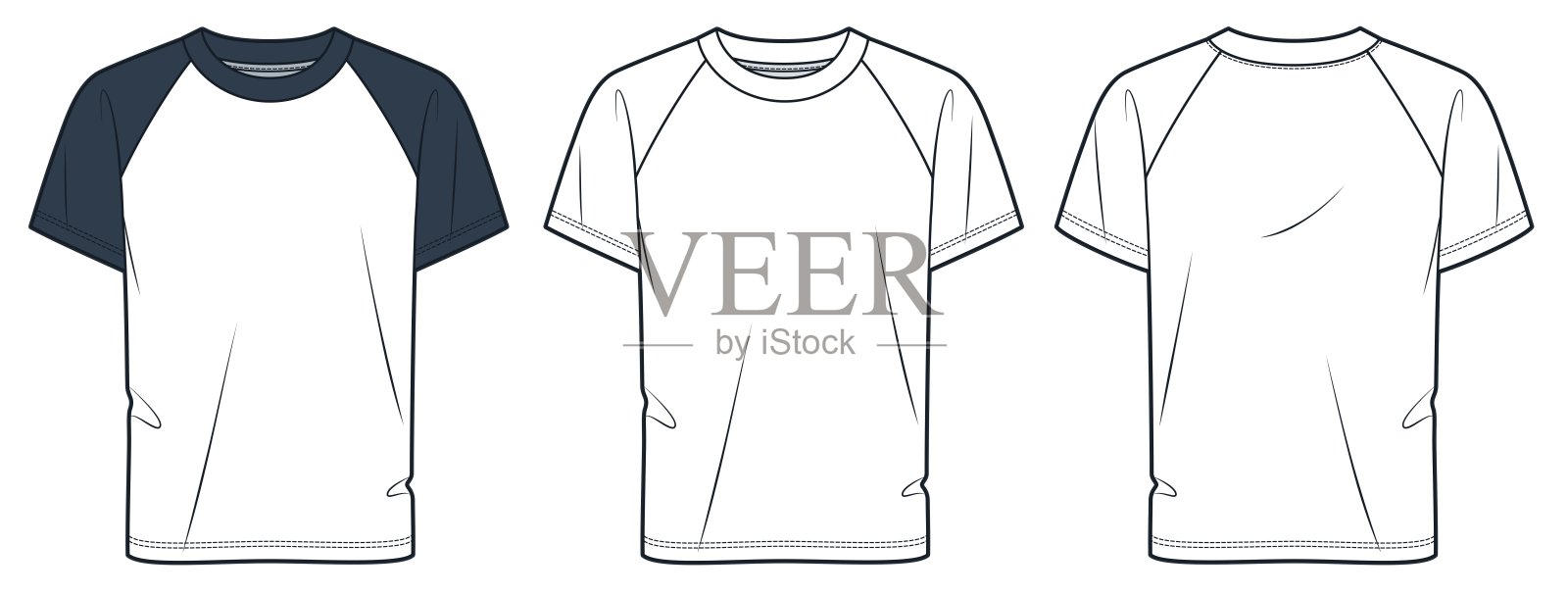 Raglan袖t恤时尚平面技术图纸模板。男女通用t恤技术时尚插图，超大号，前后视图，白色，深蓝色，女，男，男女通用t恤CAD模型集。插画图片素材