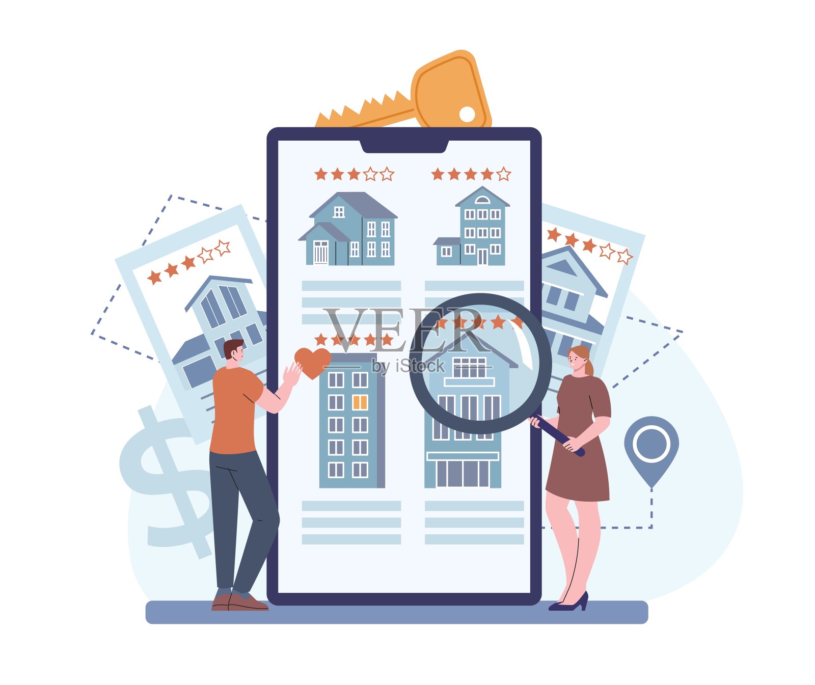 夫妇在网上应用程序寻找新家。房地产估价，预订旅馆或酒店在旅行。学生找公寓，生动的矢量场景插画图片素材