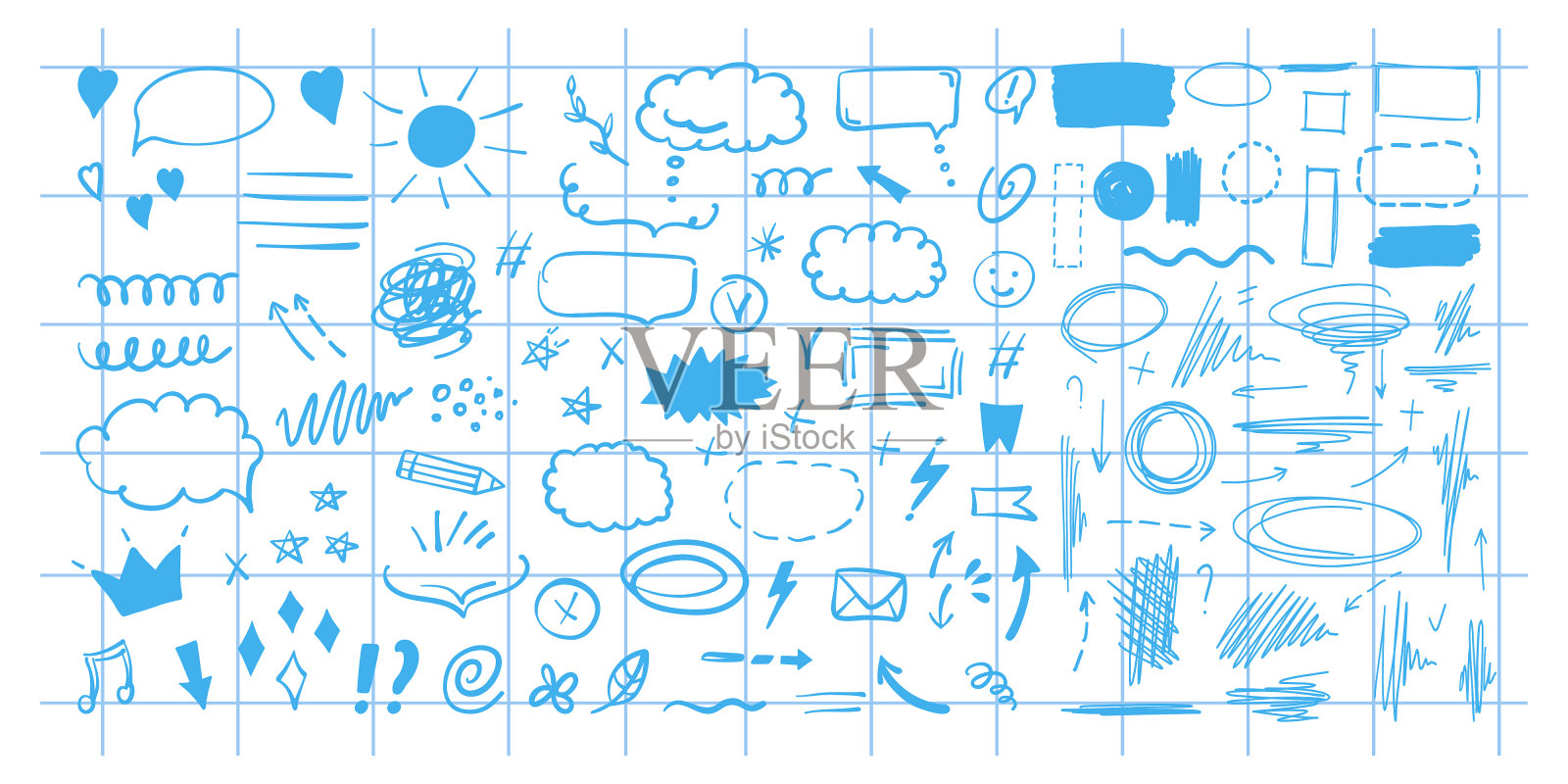 涂鸦设计元素和箭头。用于信息图表的元素。手绘矢量集的图标，框架，边界，箭头在孤立的格子笔记本表背景。插画图片素材