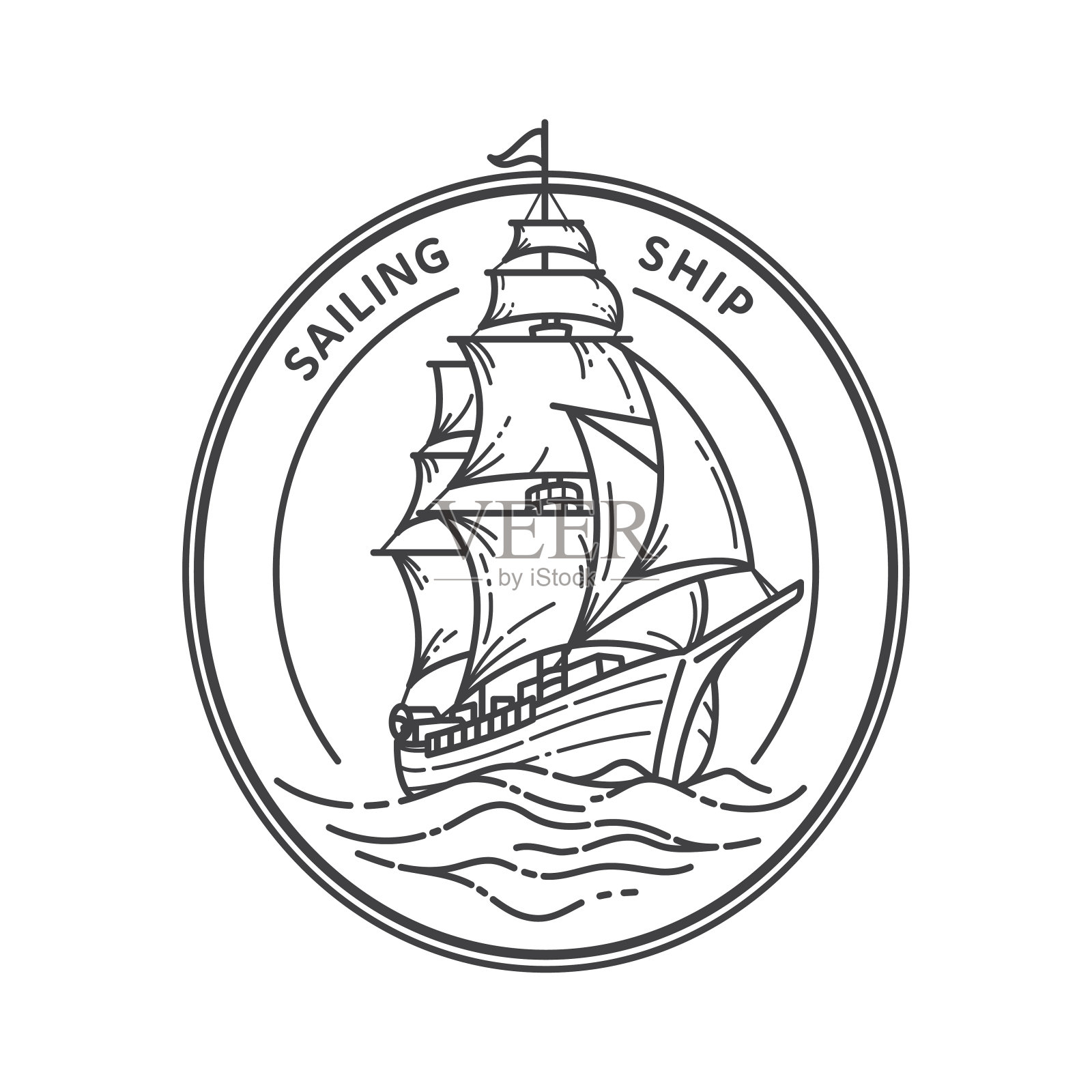 有黑白轮廓的帆船插画图片素材