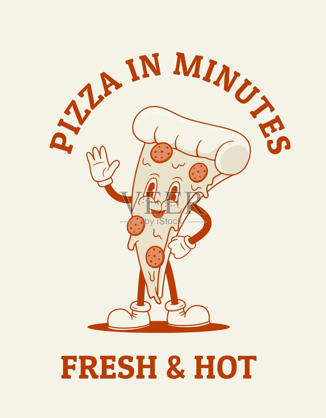 复古卡通有趣的披萨字符矢量插图。外卖海报，披萨店印刷品，标志徽章。插画图片素材