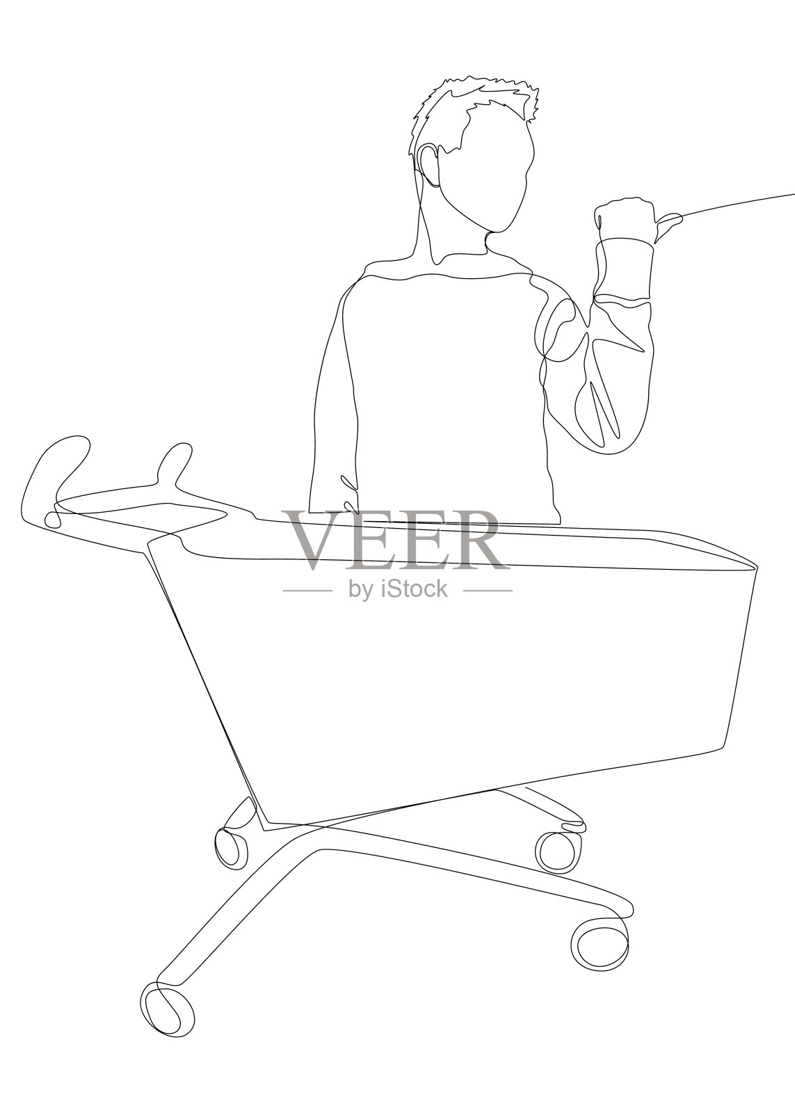 一个连续的人用手指指着购物车。细线插图矢量概念。轮廓画创意。插画图片素材