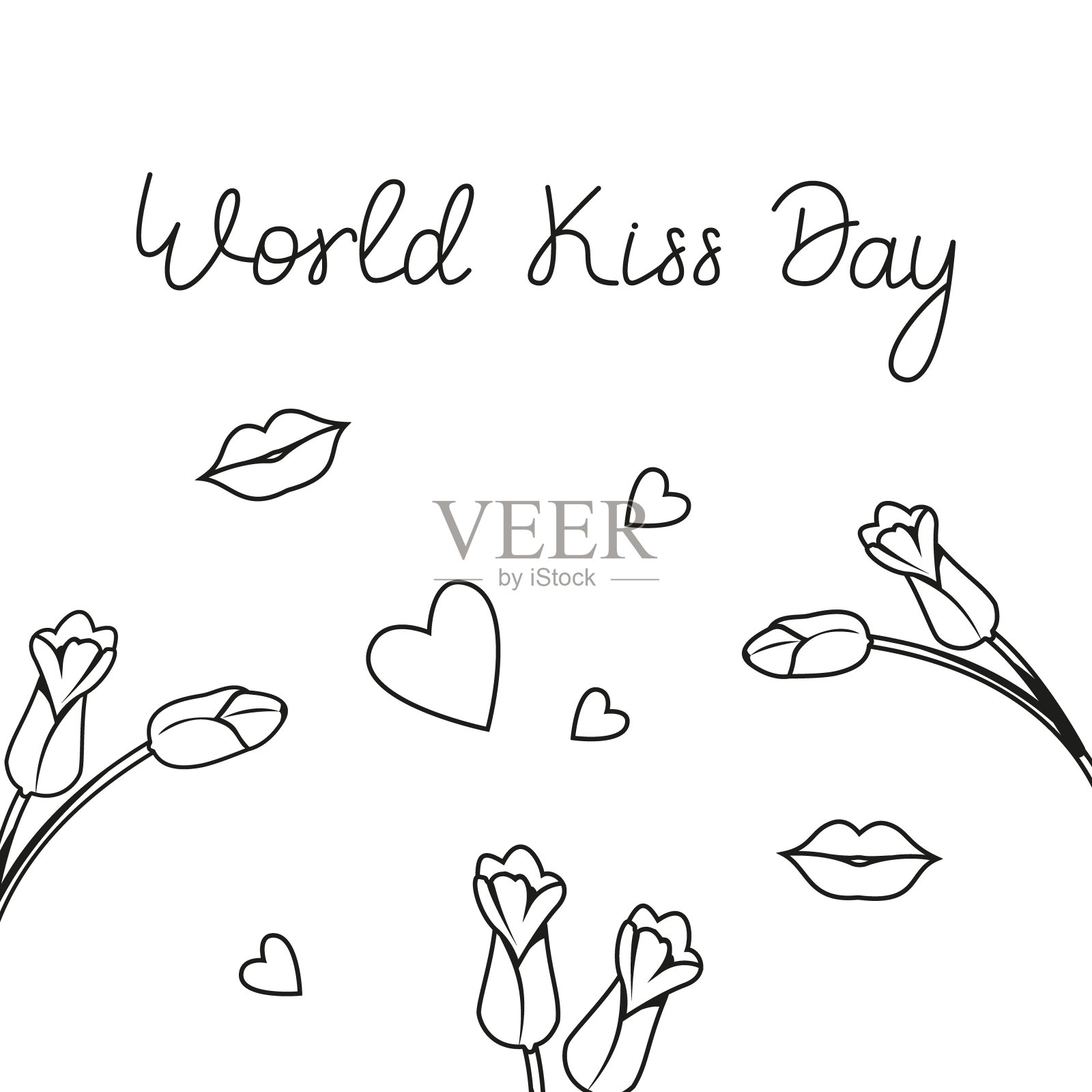 国际亲吻节矢量图像涂鸦风格。贺卡与形象的嘴唇，鲜花和心脏。情侣度假概念。插画图片素材
