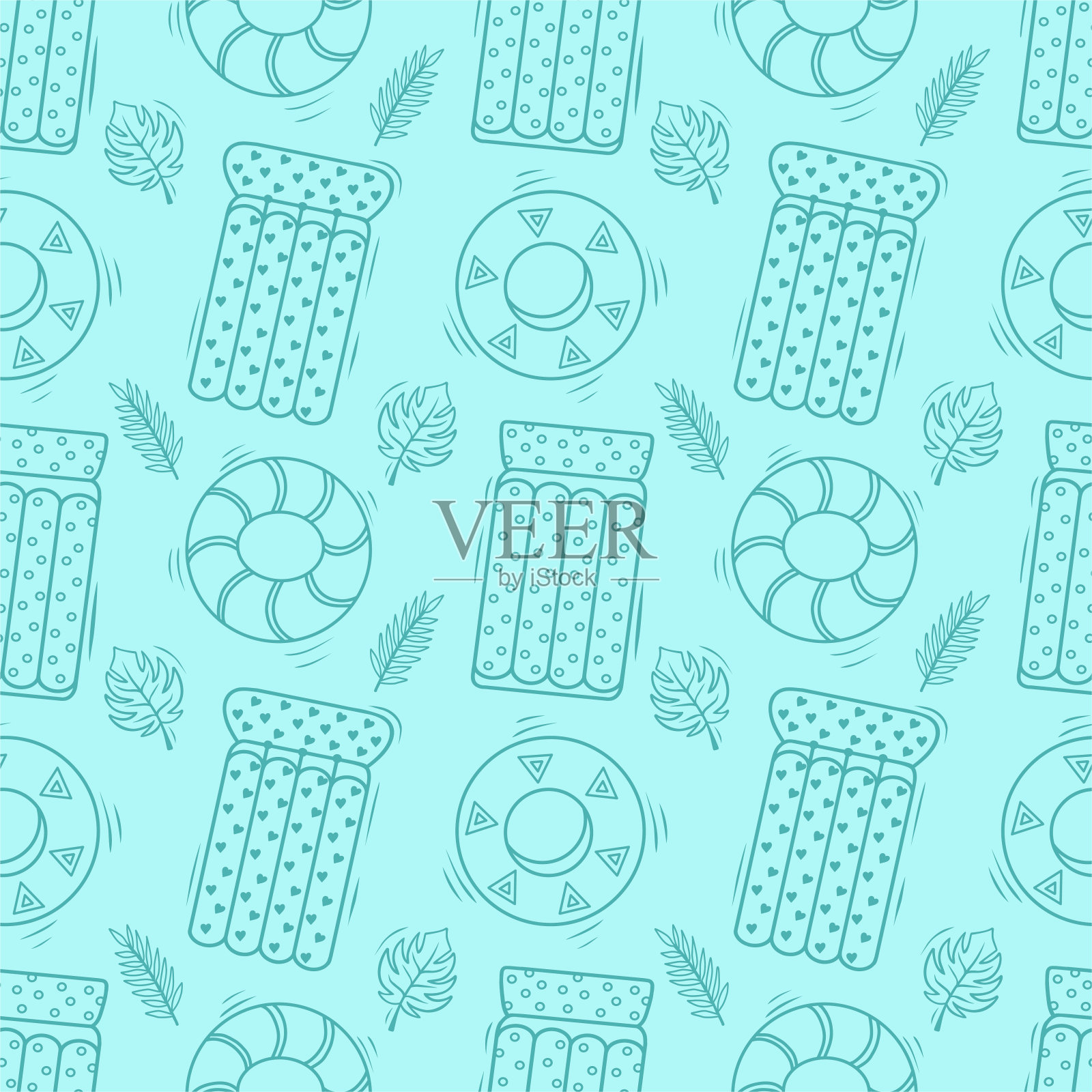 无缝图案与海滩配件。充气圈、游泳床垫、棕榈树。轮廓的海滩图标在蓝色的背景。矢量模板为您的夏季海滩设计插画图片素材